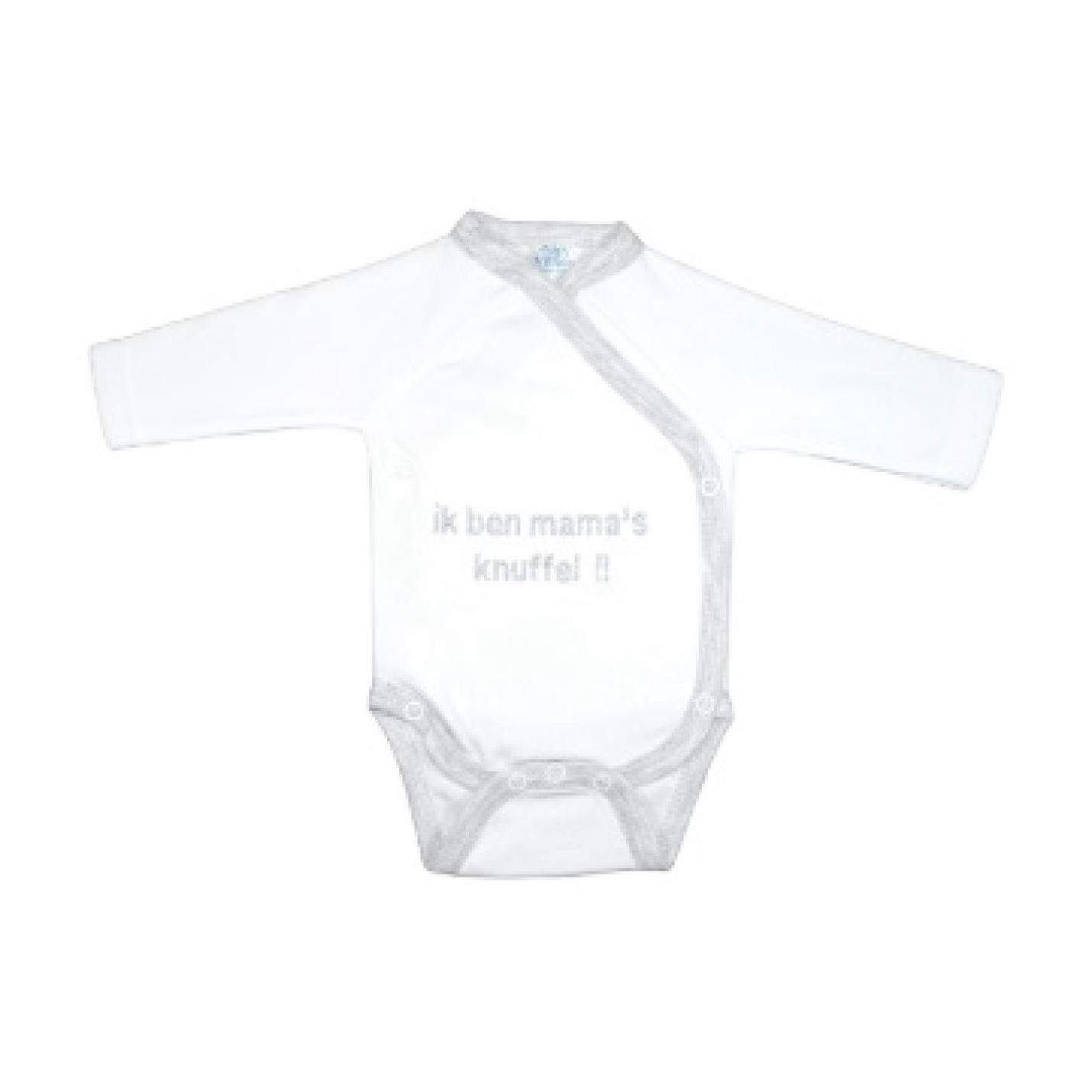 Romper Mama's Knuffel is een witte romper met lange mouwen, grijze bies en grijze tekst om romper