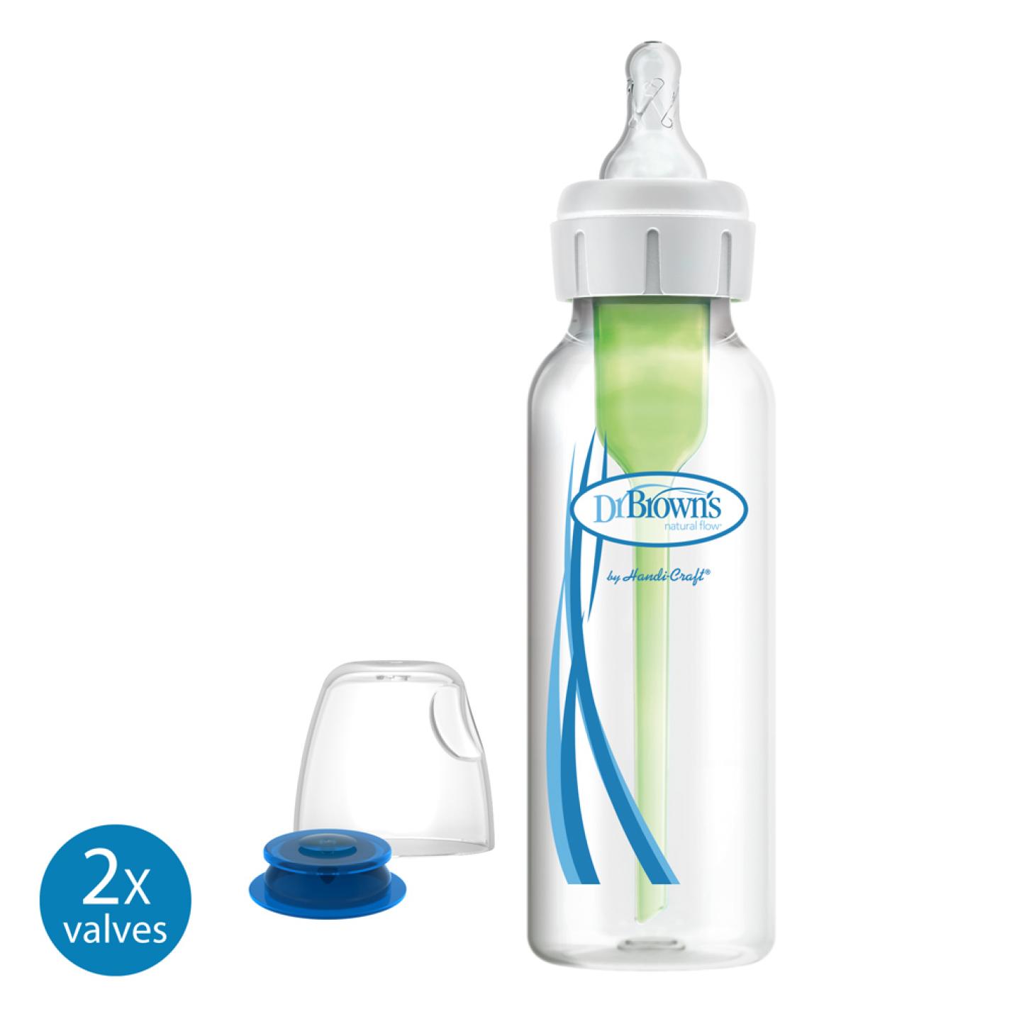 Specialty Feeding System Dr.Brown's 250ml is een babyfles met een groen pijpje en dop in de fles en een blauw ventiel in de speen speciaal voor kinderen die voedingsproblemen hebben