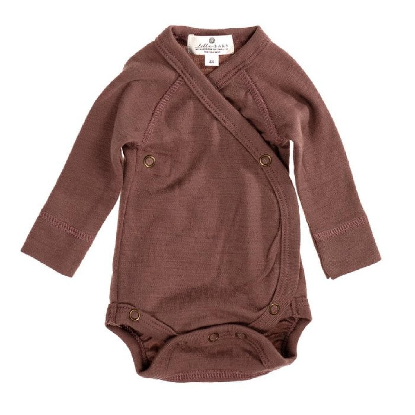 Overslagromper merinowol bruin is een bruine babydomper met lange mouwen