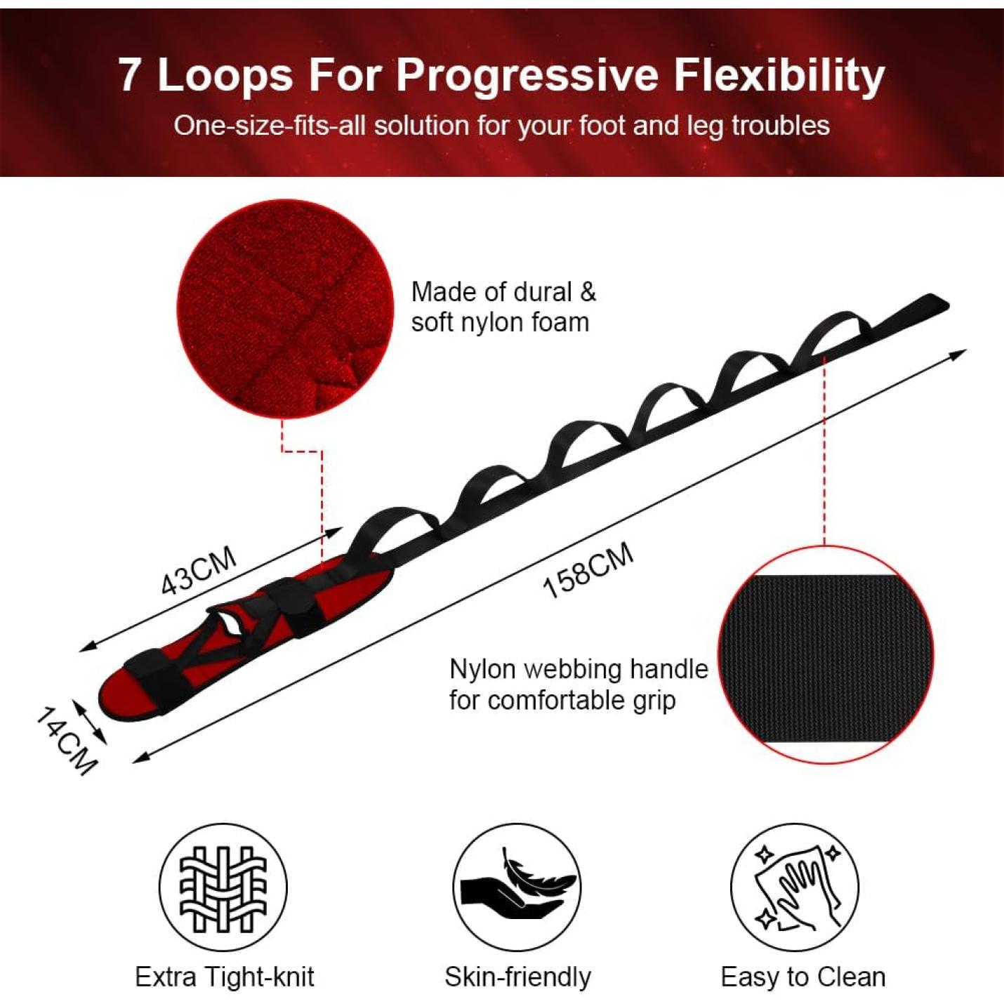 Infographic van "Vergroot je flexibiliteit en voorkom blessures met deze yoga-stretchband! 🧘‍♀️💪," een nylon band met 7 lussen. Kenmerken omvatten extra strak, huidvriendelijk, gemakkelijk schoon te maken materiaal, ideaal om de flexibiliteit te vergroten en blessures te voorkomen.