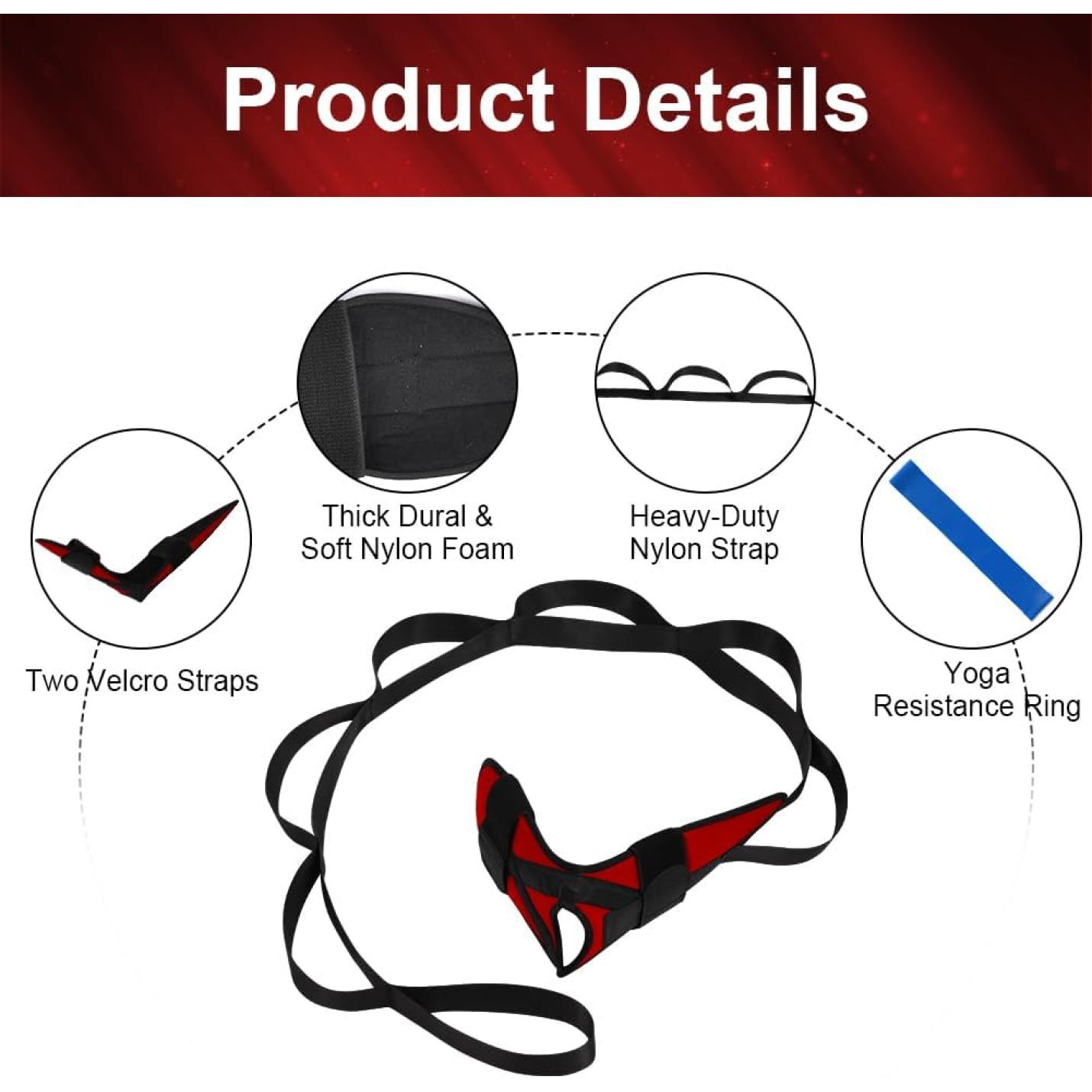 Vergroot je flexibiliteit en voorkom blessures met deze yoga-stretchband! 🧘‍♀️💪 Het product bevat een diagram met twee klittenbandriemen, dik nylonschuim en een heavy-duty nylon riem.