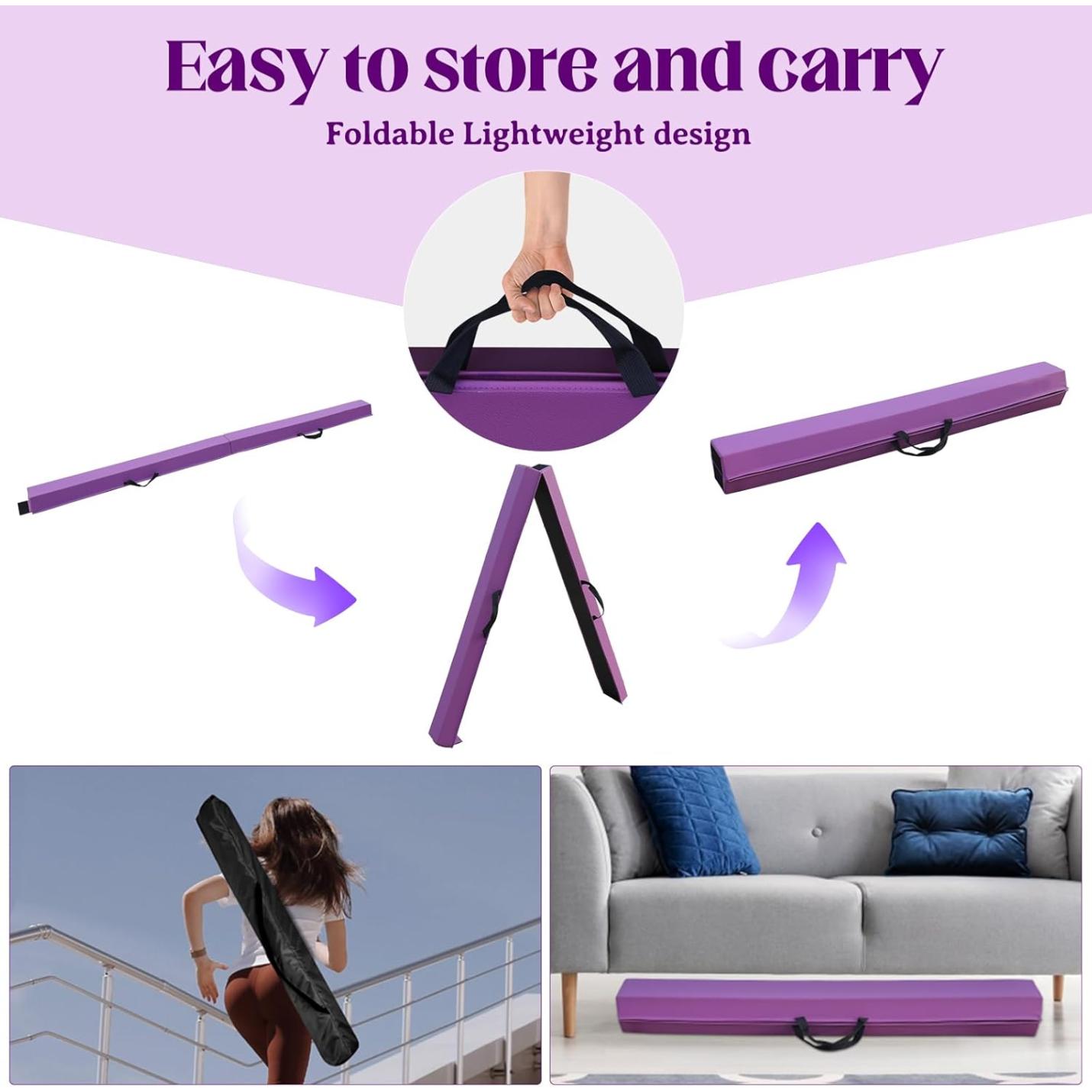 Opvouwbare yogamat met paarse hoes en draagriem voor eenvoudig opbergen. Afbeeldingen begeleiden het vouwen en het gebruik van de riem. Ideaal om de balans te verbeteren met de "Ontwikkel balans en kracht met deze inklapbare evenwichtsbalk!" tijdens yoga.