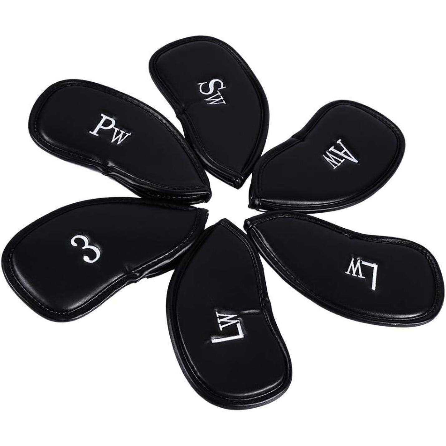 Luxe zwarte PU-lederen golf headcovers met witte borduursels in een cirkelvormig patroon, gelabeld voor clubs Pw, SW, AW, LW, LW en 3. Bescherm je clubs op de baan met stijl - 🏌️‍♂️ Bescherm je golfclubs in stijl met deze luxe golf headcovers!.