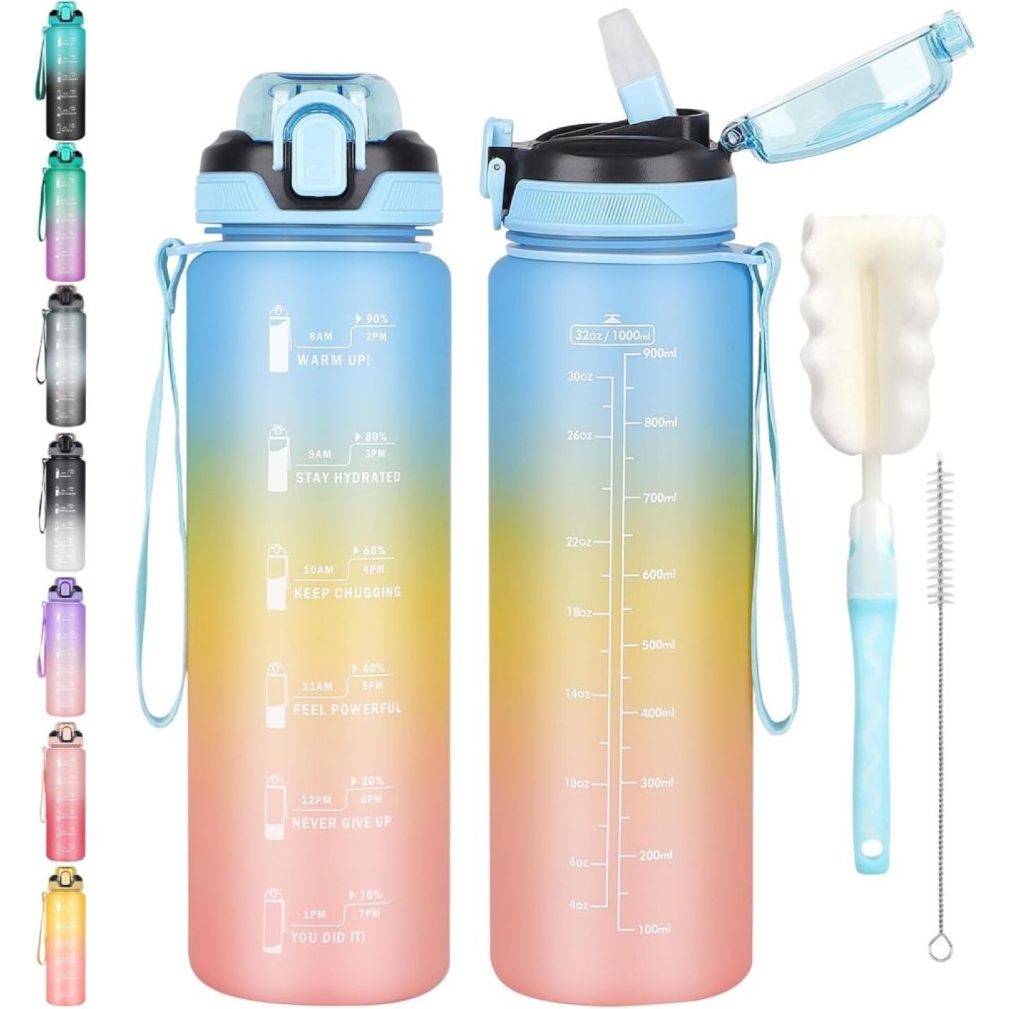 Blijf gehydrateerd met deze aantrekkelijke sportdrankfles in verschillende kleuren, inclusief tijdmarkeringen en een reinigingsborstel voor optimale hydratatie de hele dag! 💦🏋️‍♂️.