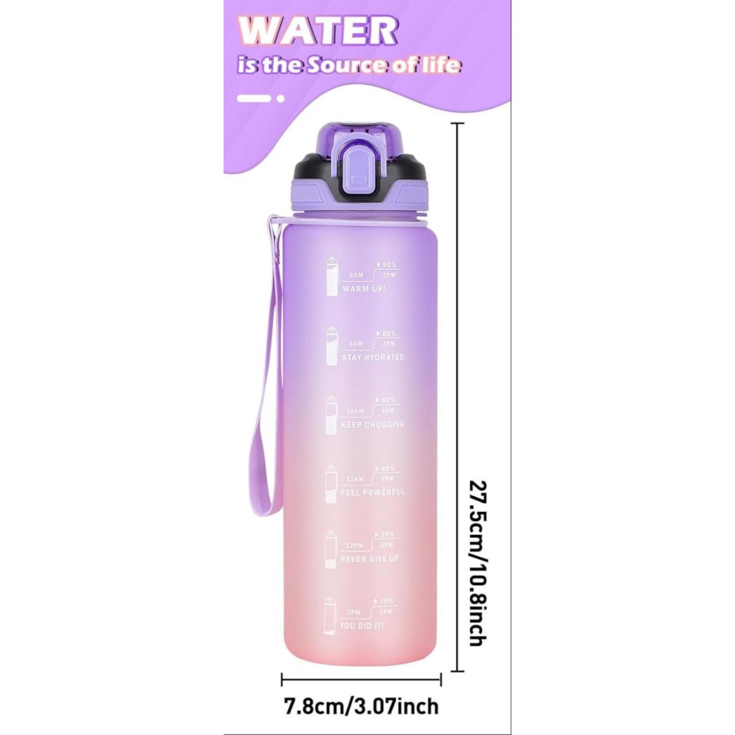 Productbeschrijving: Blijf gehydrateerd met deze stimulerende sportdrinkfles! 💦🏋️‍♂️ Met tijdmarkeringen van 8 uur tot 19 uur en aanmoedigingen als "Stay Hydrated" en "Keep Chugging", een paarse dop, handvat, en maatstreepjes voor optimale hydratatie.