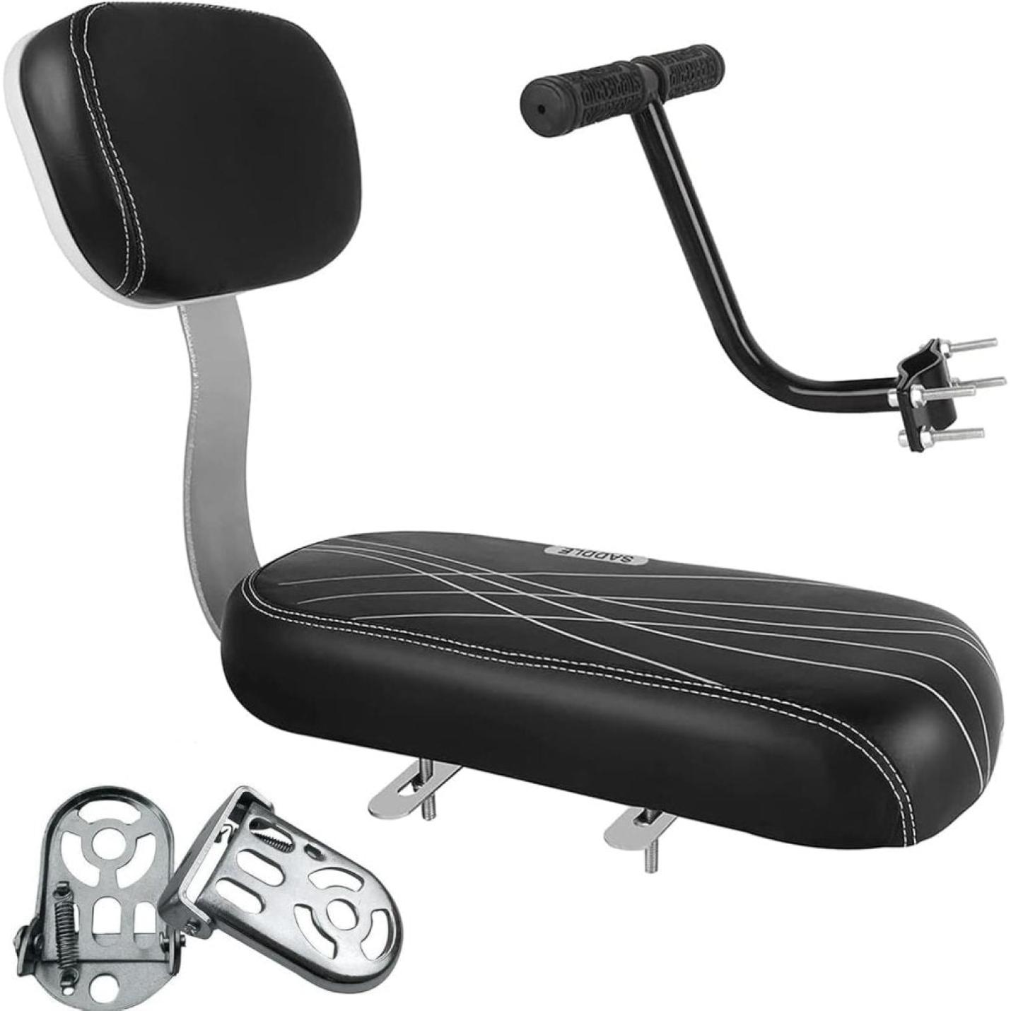 Het product "🚴‍♂️ Comfortabel en veilig achterop! Het perfecte fietszitje voor jouw kind" is een zwart fietszitje met rugleuning, bevestigingsmateriaal en stuurbevestiging op een witte achtergrond, ideaal om je fiets om te toveren tot een comfortabele rit voor peuters.