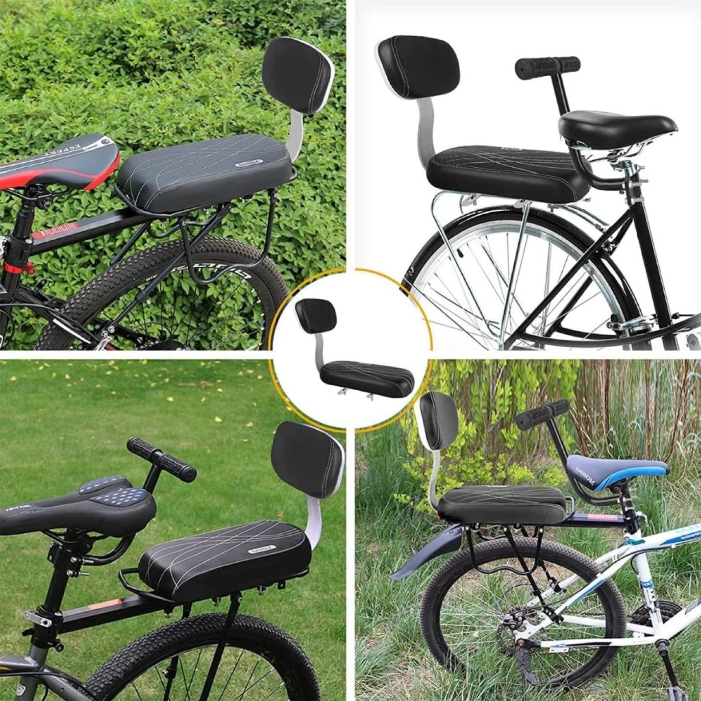Collage van vier fietsen, elk met een zwart beklede rugleuning en zitje op de achterste bagagedrager, buiten afgebeeld. Ideaal voor peuters om comfortabel en veilig te genieten van ritjes met de "🚴‍♂️ Comfortabel en veilig achterop! Het perfecte fietszitje voor jouw soort.