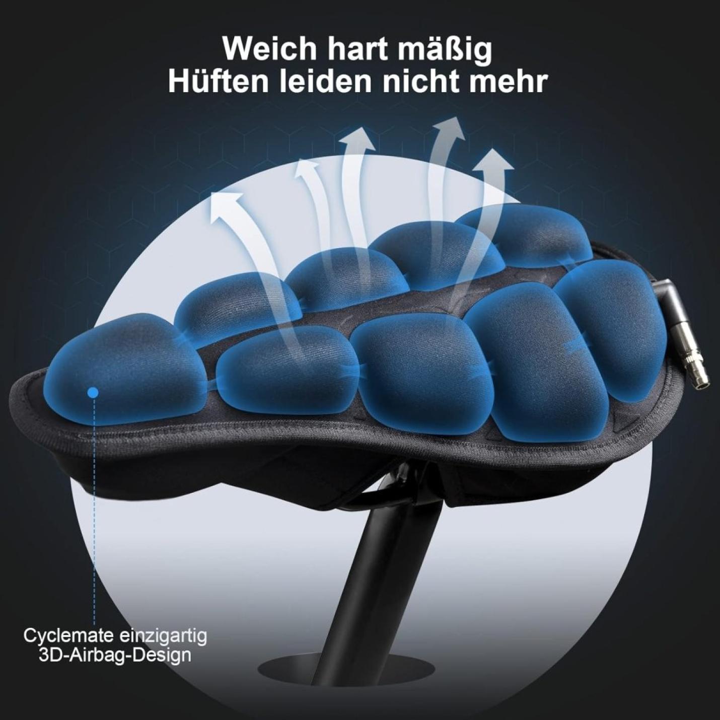 De "🚴 Comfortabele fietsen zonder zadelpijn – de ultieme ergonomische fietszadelhoes!" beschikt over een blauw gedempt 3D-airbagontwerp en SoftAirSeat-technologie, met een Duitse beschrijving die de zachtheid en het comfort benadrukt via een innovatief opblaasbaar luchtkussensysteem voor drukverlichting.