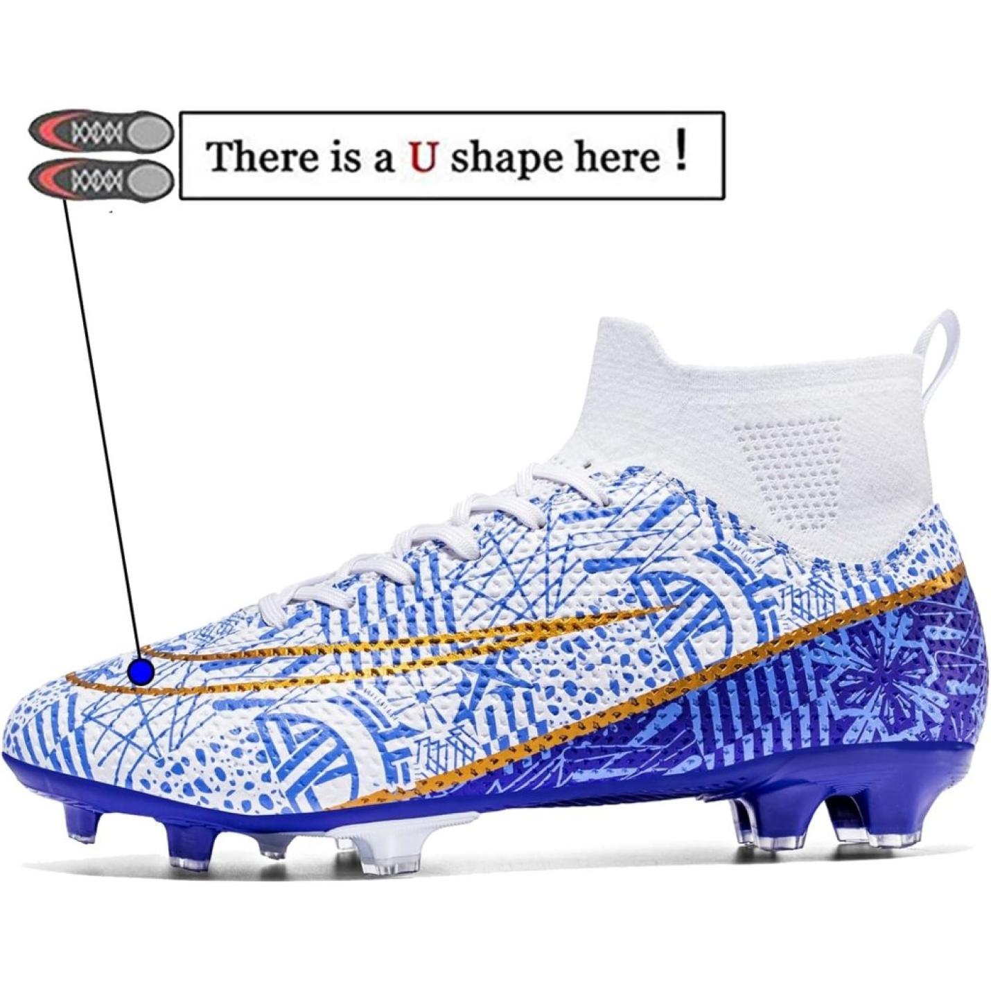 Een witte en blauwe hoge voetbalschoen met gele details van de serie "⚽ Domineer het veld met deze high-performance voetbalschoenen!" heeft een "U"-vorm voor verbeterde grip en stabiliteit.