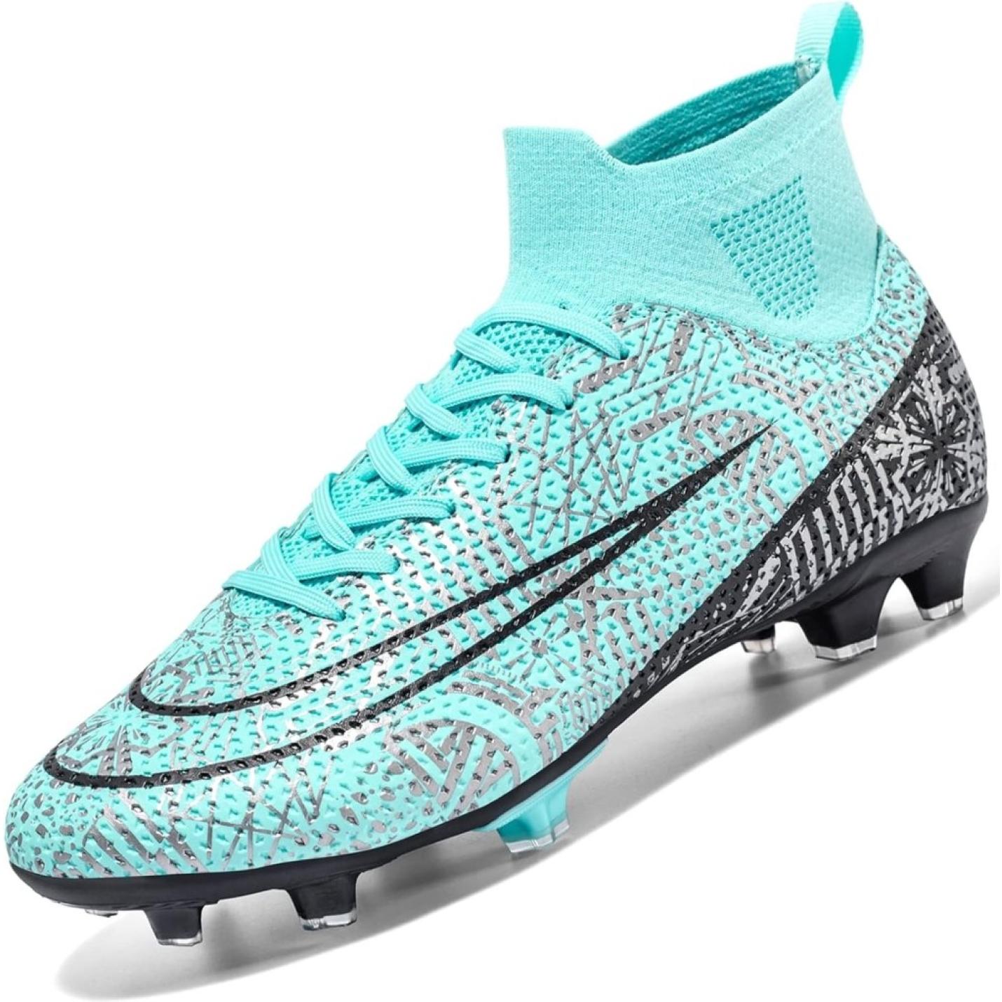 De ⚽ Domineer het veld met deze high-performance voetbalschoenen! zijn turquoise en grijs, met een high-top design met ingewikkelde patronen en zwarte accenten. Ze bieden uitstekende grip en stabiliteit op het veld dankzij strategisch ontworpen zolen voor tractie.