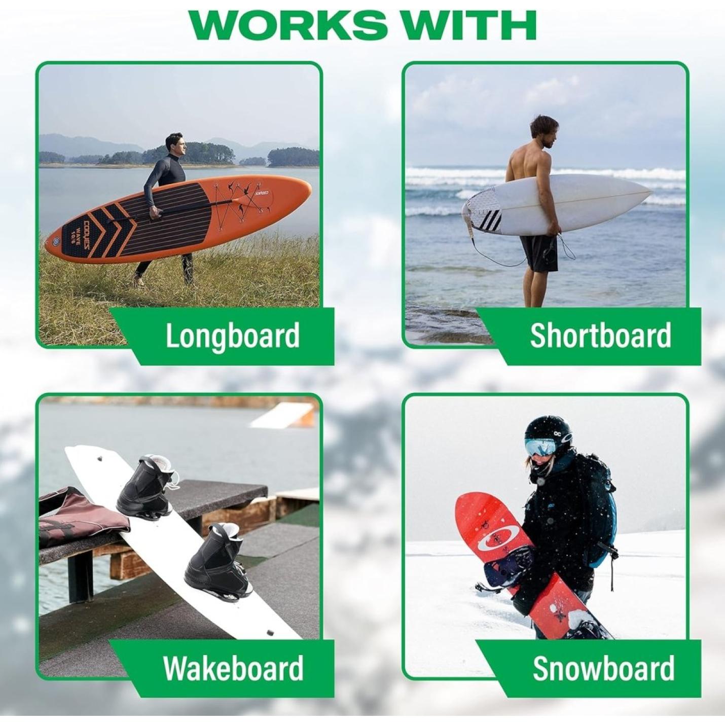 Boven vier afbeeldingen van een longboard, shortboard, wakeboard en snowboard in actie staat de tekst "Works with". Elk board is verbeterd voor prestaties en stijl met opties zoals "Jouw surfplank verdient een stijlvol display! 🏄‍♂️" met bamboe surfplank muurbevestiging of massief hout voor duurzaamheid.