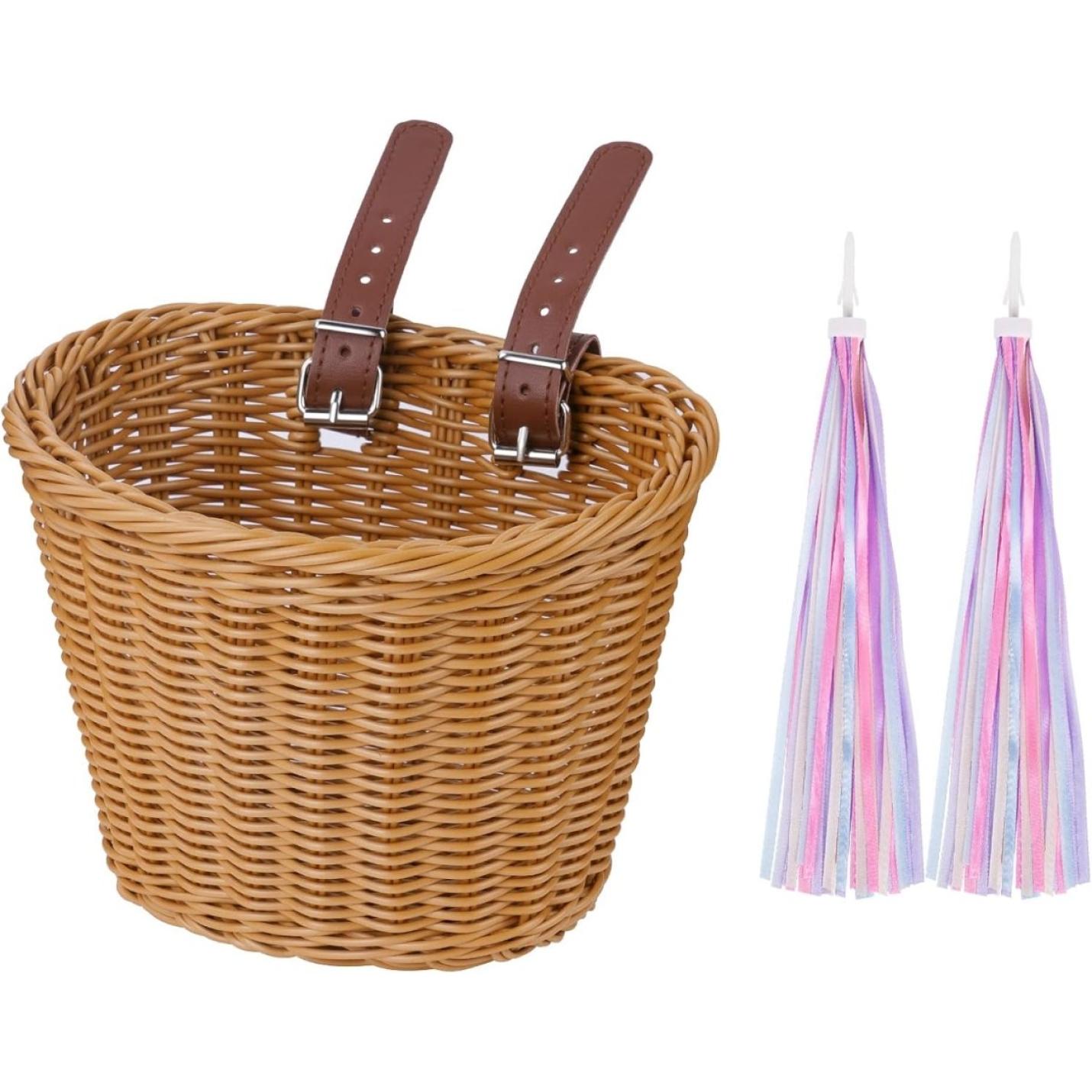 Kinderfietsmand: de perfecte manier om te laten genieten van de fiets met leerriemen en een paar roze en blauwe kwaststuurstreamers, eenvoudig te installeren.