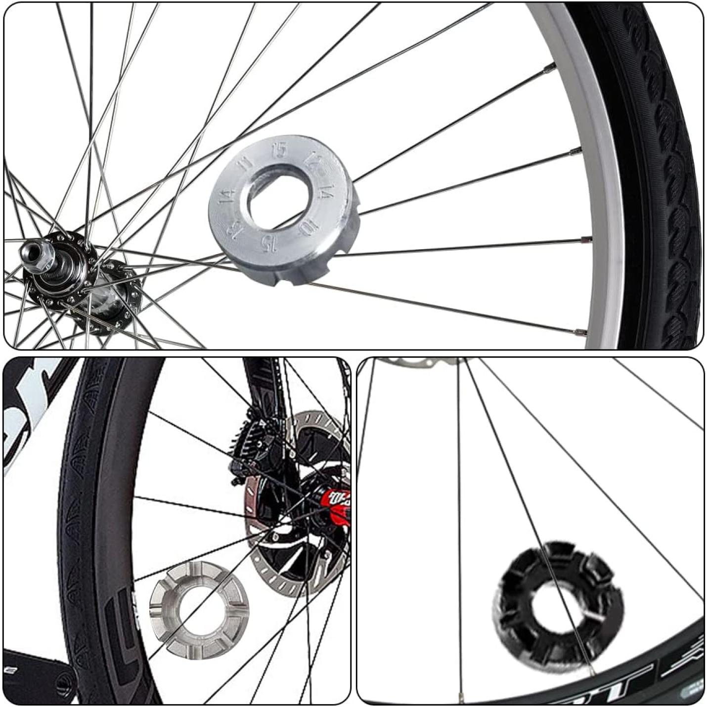 Close-up van fietswielen met schijfremmen op de fietsspaken, met een gekerfd design in zilver en zwart, behoud van wielprestaties. Verbeter uw fiets met de 🔧 Meet en optimaliseer je fietsspanning met deze spaakspanningsmeter!.