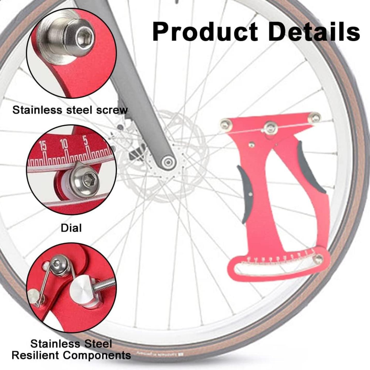 Illustratie van een fietswiel met close-ups van een rode remklauw, roestvrijstalen schroeven en wijzerplaatdetails, die de impact op wielprestaties benadrukken. Optimaliseer uw rit met "🔧 Meet en optimaliseer je fietsspanning met deze spaakspanningsmeter!.