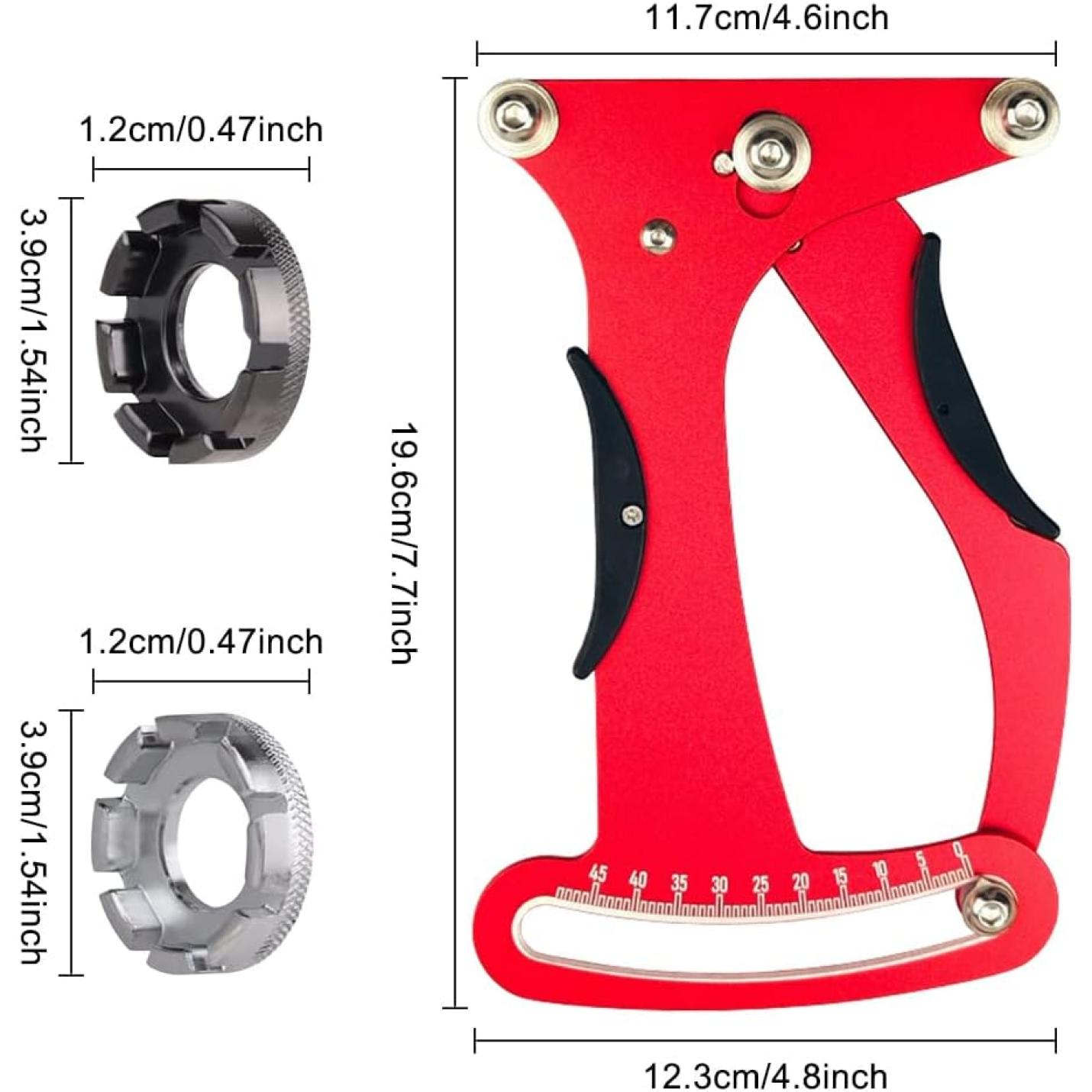 De "Meet en optimaliseer je fietsspanning met deze spaakspanningsmeter!" in de kleuren rood en zilver biedt nauwkeurige metingen voor het optimaliseren van de wielprestaties, met twee ronde connectoren (1,2 cm en 3,9 cm) voor het afstellen van fietsspaken en meetafmetingen van 19,6 cm x 12,3 cm x 11,7 cm.