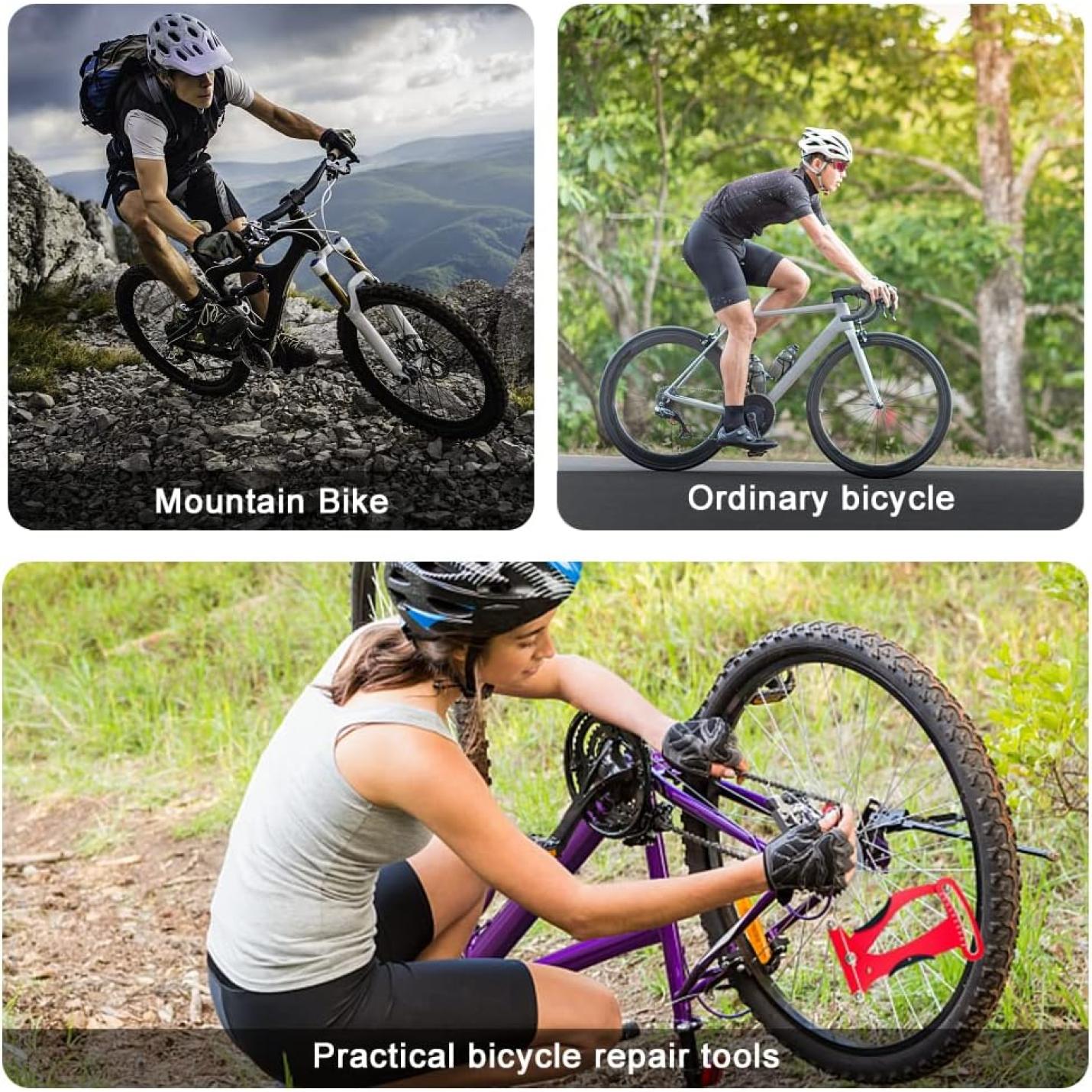 Drie afbeeldingen: een mountainbiker op rotsachtig terrein die zijn prestaties laat zien, een fietser op een verharde weg en iemand die de 🔧 "Meet en optimaliseer je fietsspanning met deze spaakspanningsmeter" gebruikt om fietsspaken te repareren in een grasveld.