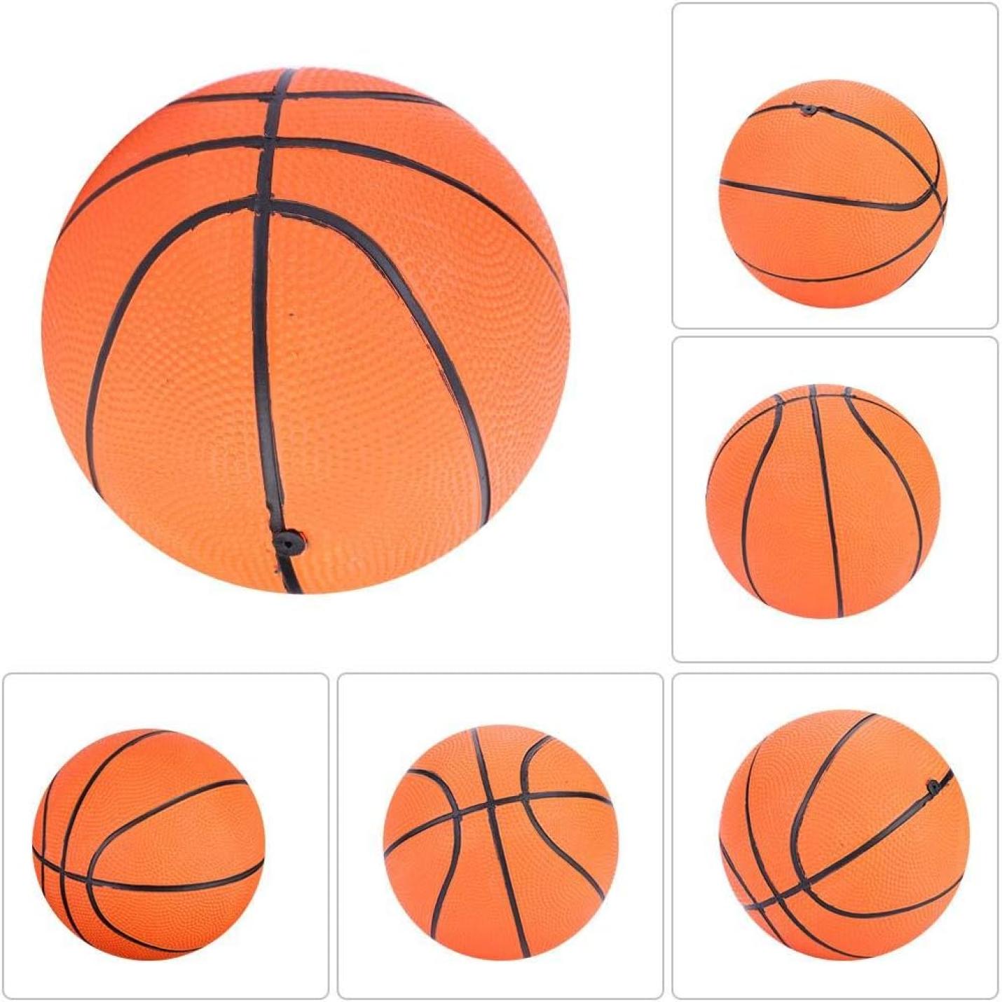 Collage van zes afbeeldingen die de "🏀 Perfecte mini-basketbal voor jonge spelers!" benadrukken, gemaakt van duurzaam rubber, met een oranje oppervlak en opvallende zwarte lijnen, bekeken vanuit verschillende hoeken.