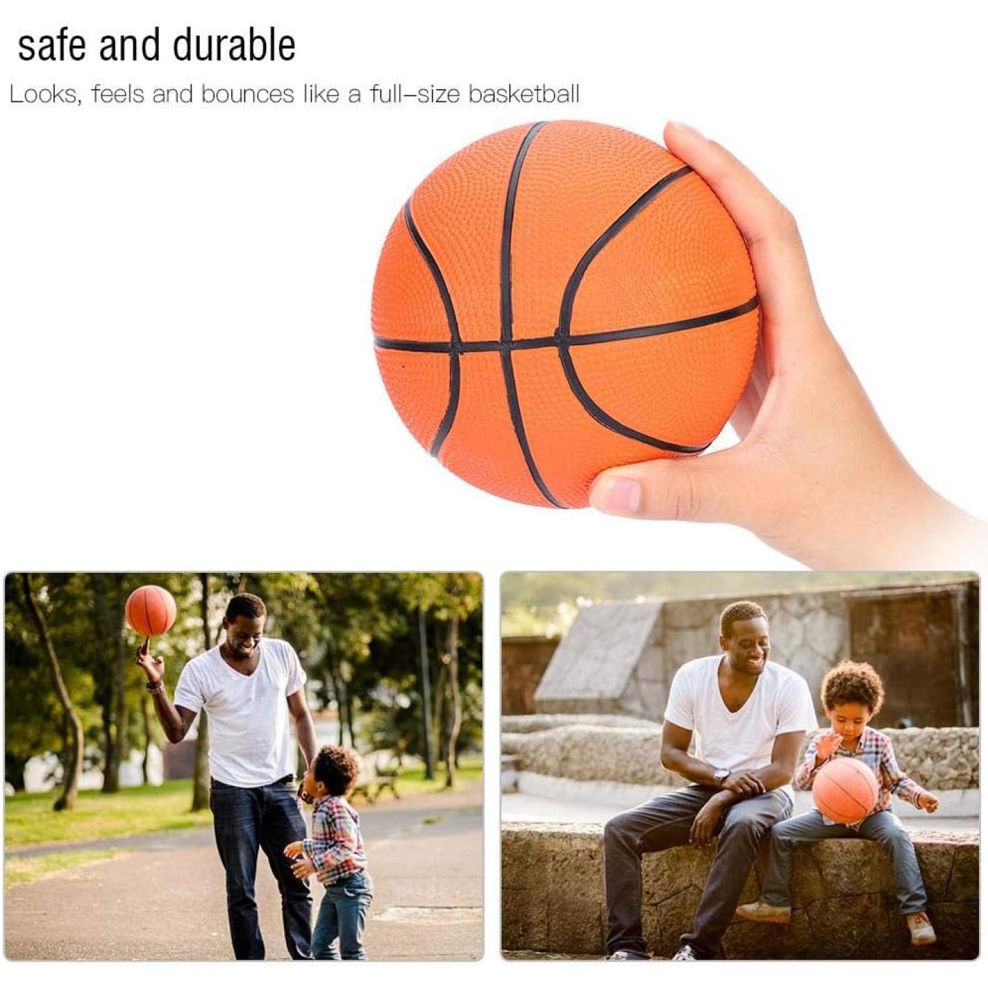 Een man en kind spelen in het park met een oranje basketbal op stenen trappen. Een hand tilt de "🏀 Perfecte mini-basketbal voor jonge spelers!" op, gemaakt van duurzaam rubber, waardoor hij veilig is voor kinderen.
