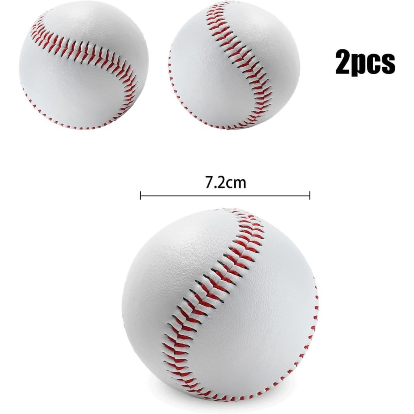 Twee witte honkballen met rode stiksels, met een diameter van 7,2 cm, gemaakt van duurzaam PVC-materiaal, zitten naast een "2pcs" label. Product: ⚾ Train als een pro met deze zachte honkballen!.