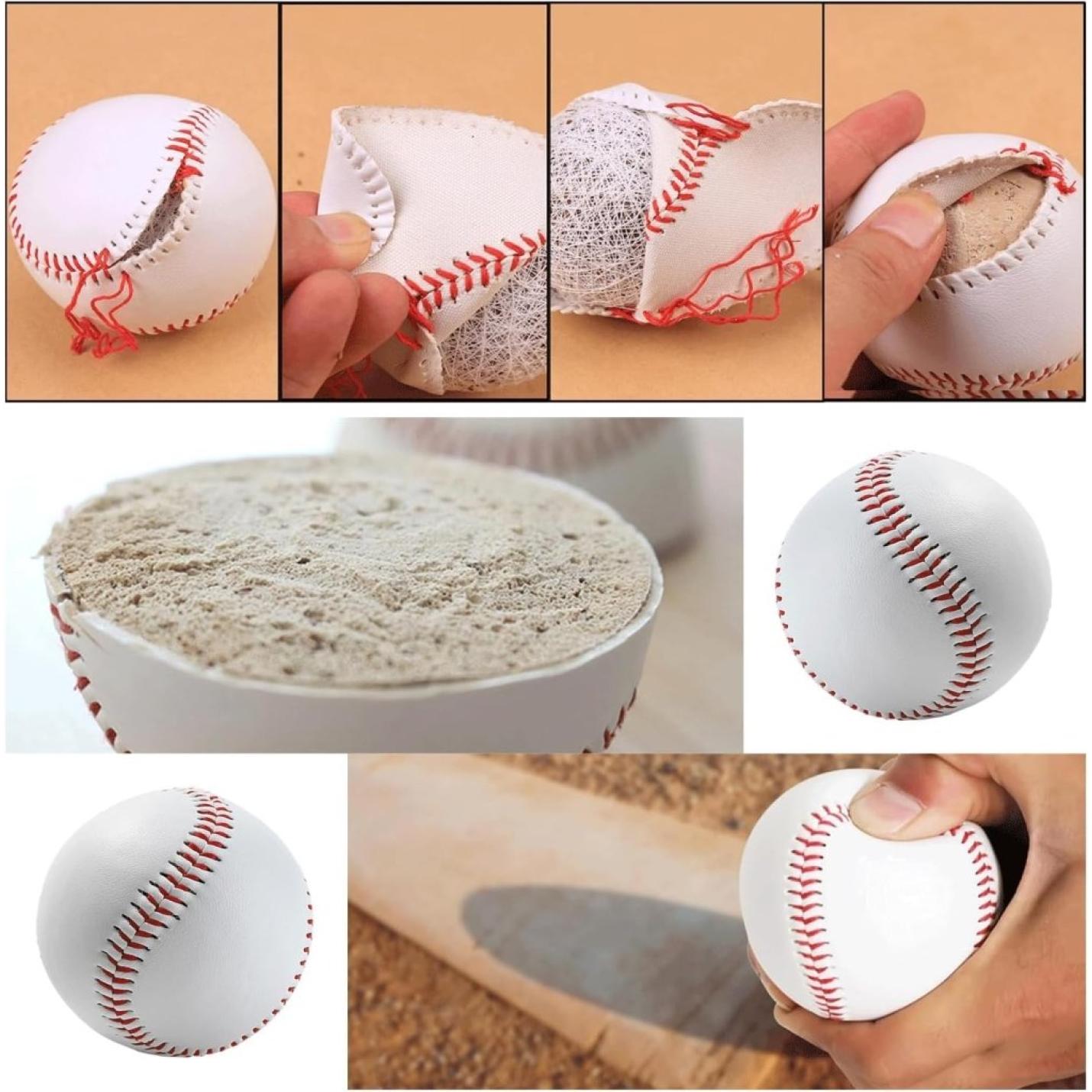Een boeiende collage onthult een honkbal die wordt opengesneden, waardoor een zandachtig interieur zichtbaar wordt. Talrijke afbeeldingen benadrukken de verschillende stadia en hoeken van deze unieke creatie, met een zachte rubberen vulling. Ontdek het met "⚾ Train als een pro met deze zachte honkballen!.