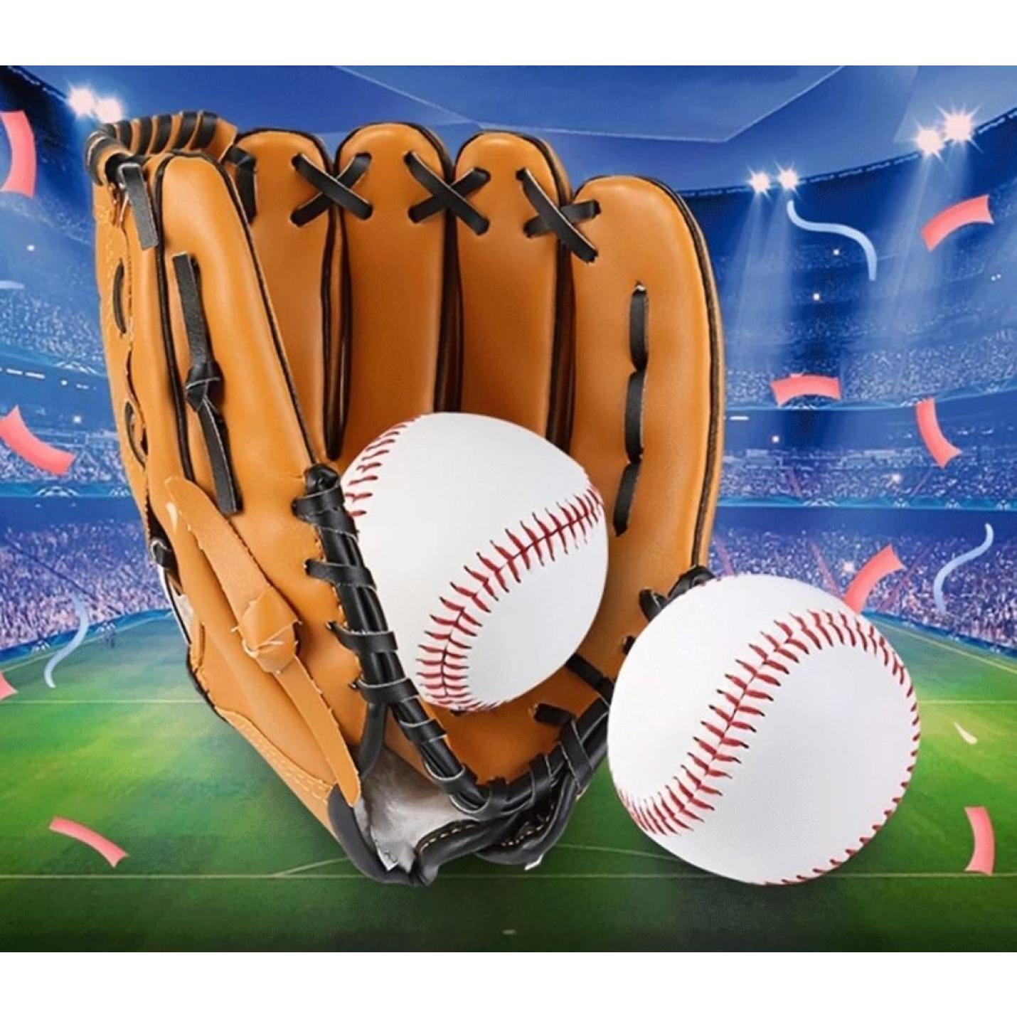 Een honkbalhandschoen biedt plaats aan twee "⚾ Train als een pro met deze zachte honkballen!" op een veld, omgeven door stadionverlichting en confetti op de achtergrond.