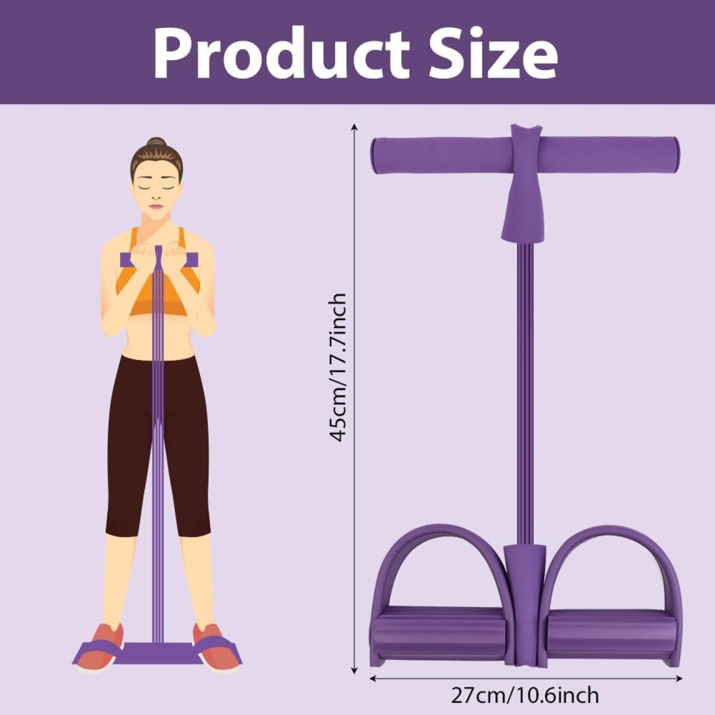 Illustratie van een vrouw die de 💪 multifunctionele dijbeentrainer en weerstandstrainer! gebruikt voor een full-body workout; afmetingen: 45 cm/17,7 inch hoog, 27 cm/10,6 inch breed.