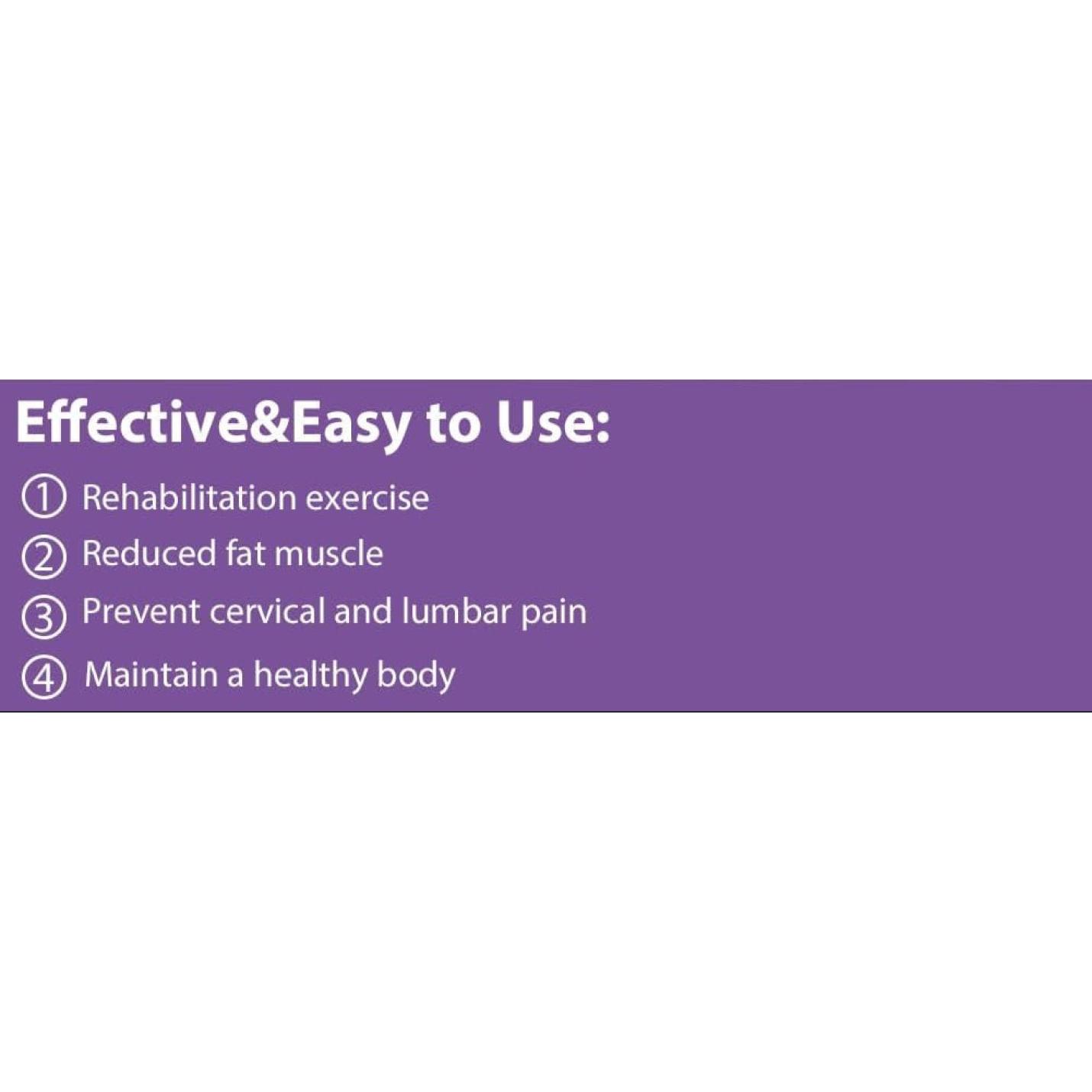 Tekst op paarse achtergrond geeft de voordelen weer: 1) Revalidatieoefening met een full-body workout 2) Verminderd spiervet 3) Voorkom nek- en lendenpijn 4) Behoud een gezond lichaam, bereikt met de 💪 Transformeer je training met deze multifunctionele dijbeentrainer en weerstandstrainer!.