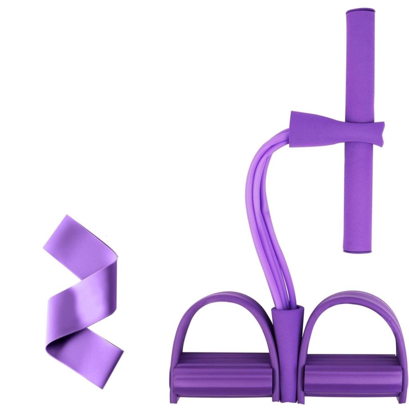 Paarse weerstandsbandset voor een full-body workout met voetpedalen, stuur en een afneembare stretchband op wit. Perfect als de 💪 Transformeer je training met deze multifunctionele dijbeentrainer en weerstandstrainer! om je fitnessroutine te verbeteren.
