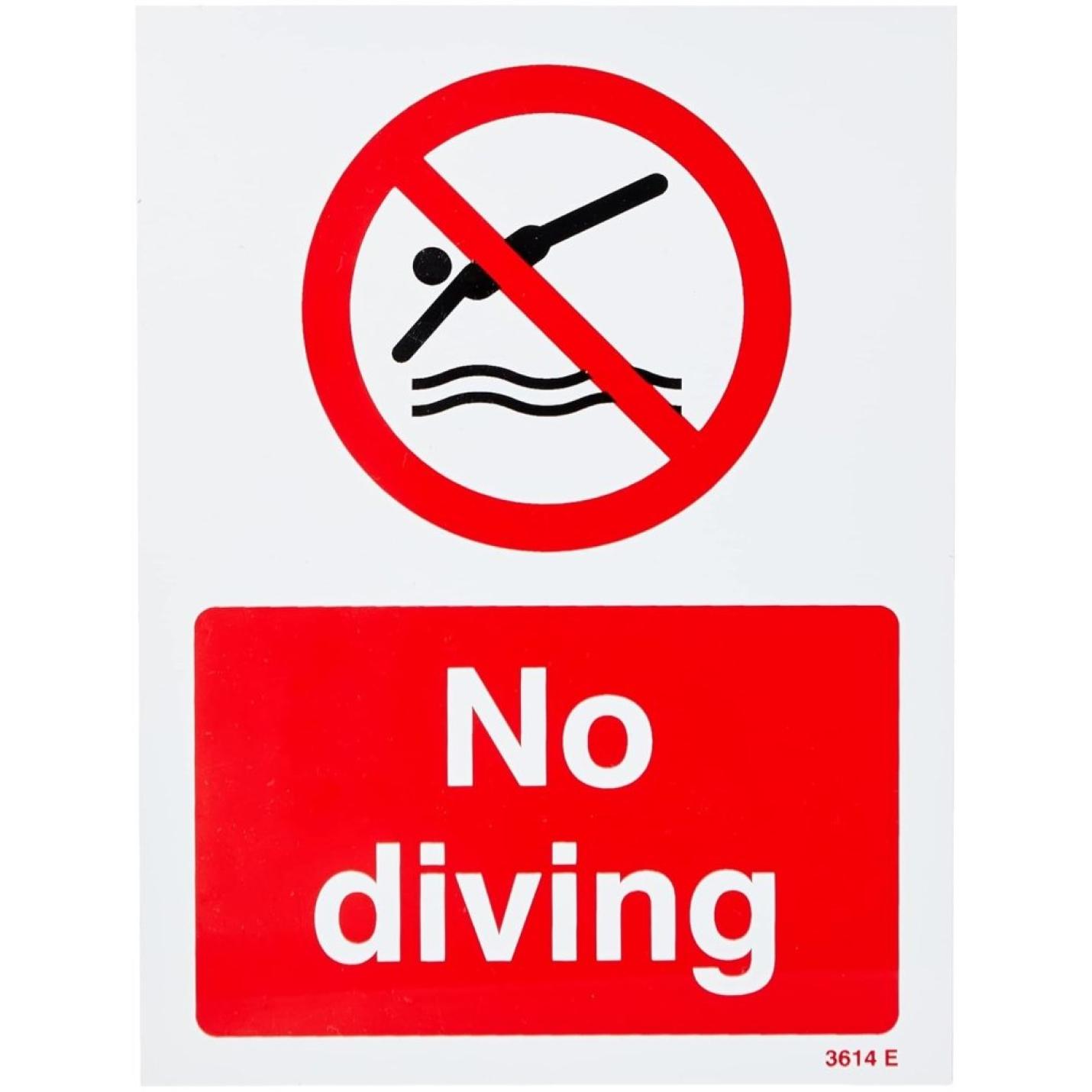 Het "🚫 Veiligheid eerst – Duidelijk ‘Niet Duiken’ bord!" is gemaakt van duurzaam kunststof en heeft een rode cirkel met streep over een duikfiguur. Onder staat in een rood rechthoekig vlak "No Diving," wat zwemomgeving veiligheid zwaar.