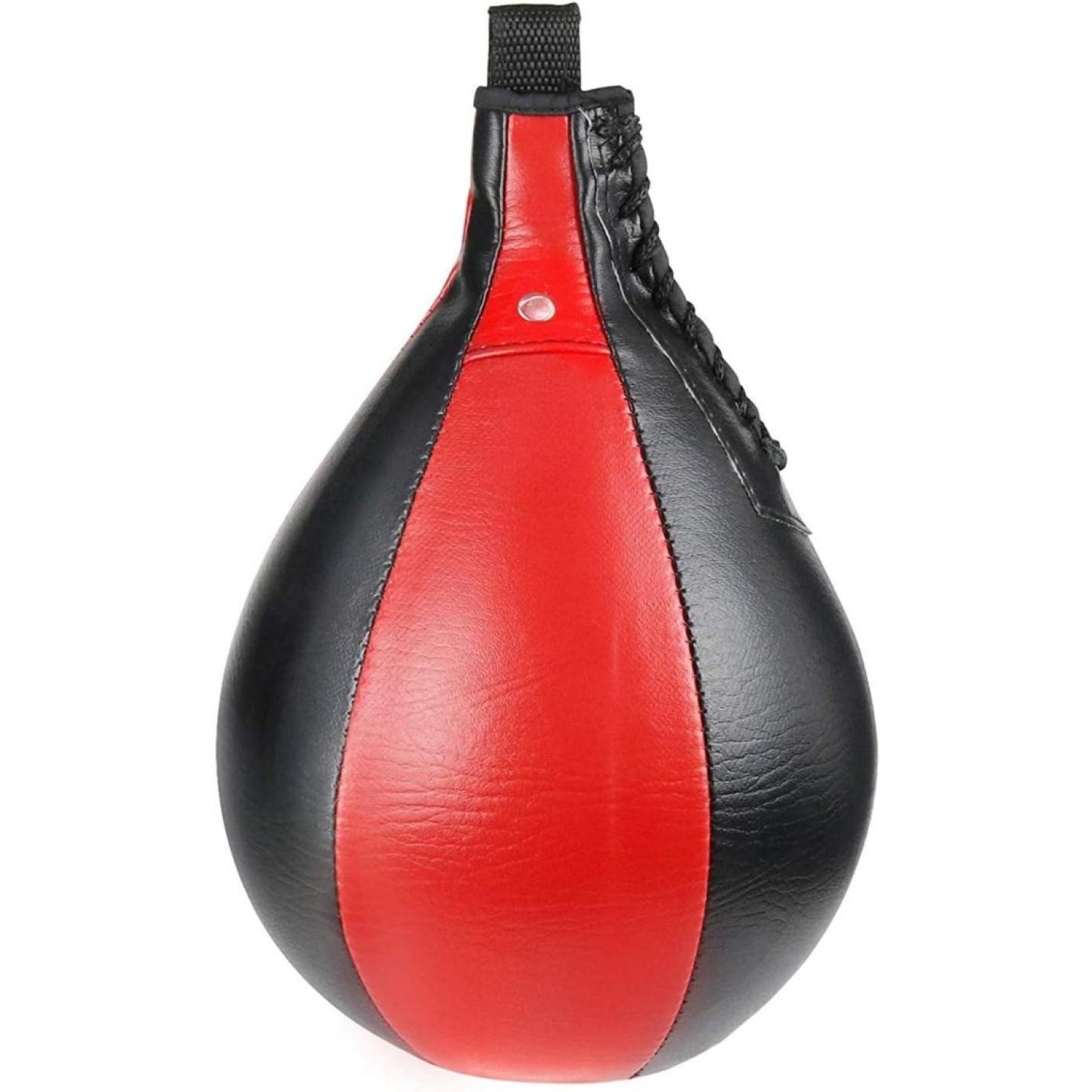 Verbeter je snelheid en precisie met deze rode en zwarte PU-leer speedball met kant opzij en ophanglus, perfect voor reflexen aanscherpen tijdens training! 🥊🔥.