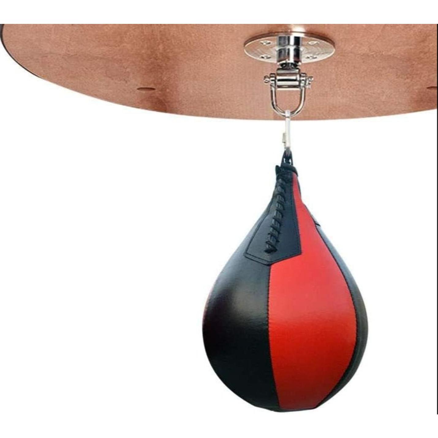 Een peervormige speedball in rood en zwart van PU-leer is bevestigd aan een houten platform met metalen scharnier, klaar om je reflexen te verbeteren. Verbeter je snelheid en precisie met deze speedball! 🥊🔥.
