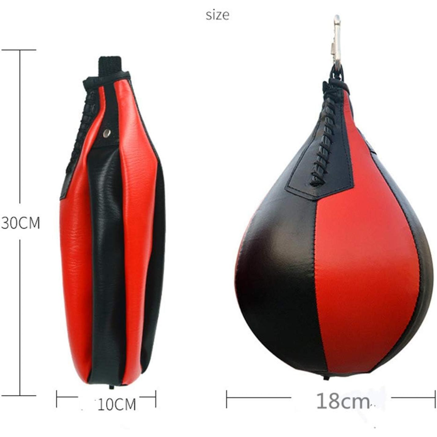 Op een witte achtergrond zijn een rode en zwarte cilindrische bokszak van PU-leer afgebeeld en de "Verbeter je snelheid en precisie met deze peervormige speedball! 🥊🔥", ideaal voor reflextraining, met afmetingen van respectievelijk 30x10 cm en 18 cm diameter.