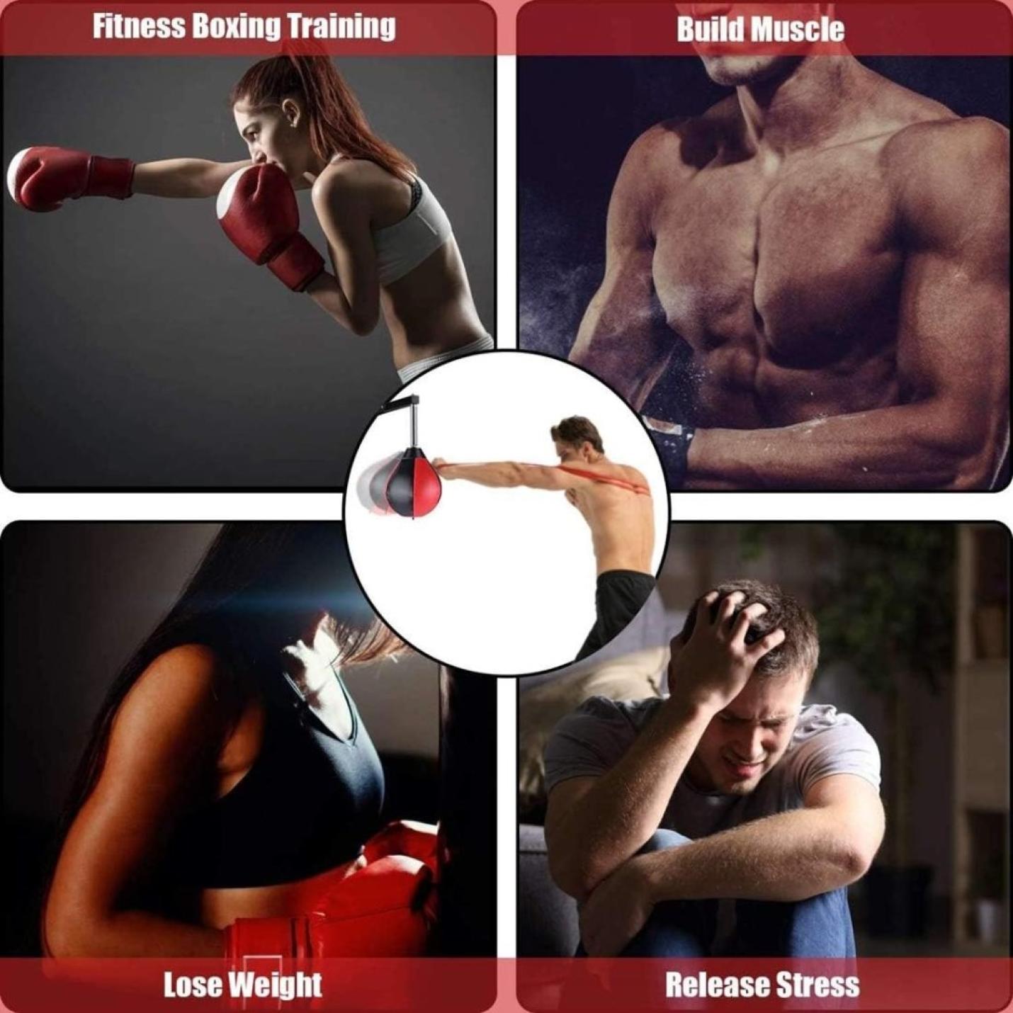 Collage: vrouw boksen, gespierde torso, vrouw gewichtheffen, gestresste man. Middelste afbeelding van een man die een speedbal slaat. Tekst: Verbeter je snelheid en precisie met deze peervormige speedball! 🥊🔥Fitness-bokstraining: spieren opbouwen, afvallen, stress loslaten.