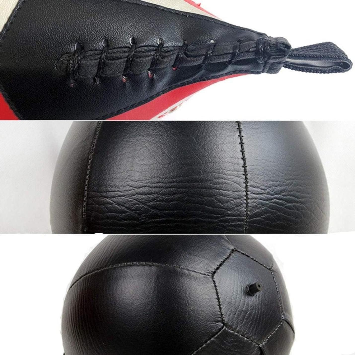 Gedetailleerde close-upbeelden van de Verbeter je snelheid en precisie met deze peervormige speedball! 🥊🔥 laat het gestikte PU-leer, de ingewikkelde veters, de textuur en de naden zien: ideaal voor het aanscherpen van je reflexen aanscherpen.
