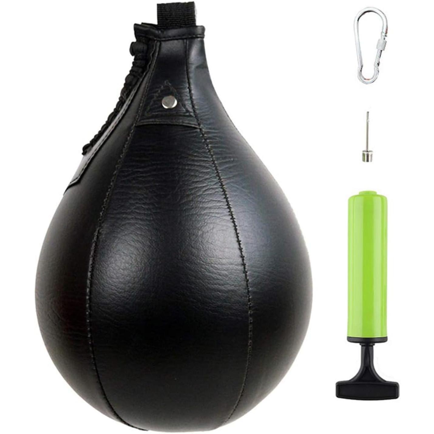 Verbeter uw snelheid en precisie met deze zwarte PU-lederen speedball, compleet met een groene luchtpomp, naald en robuuste metalen karabijnhaak om uw reflexen aanscherpen.