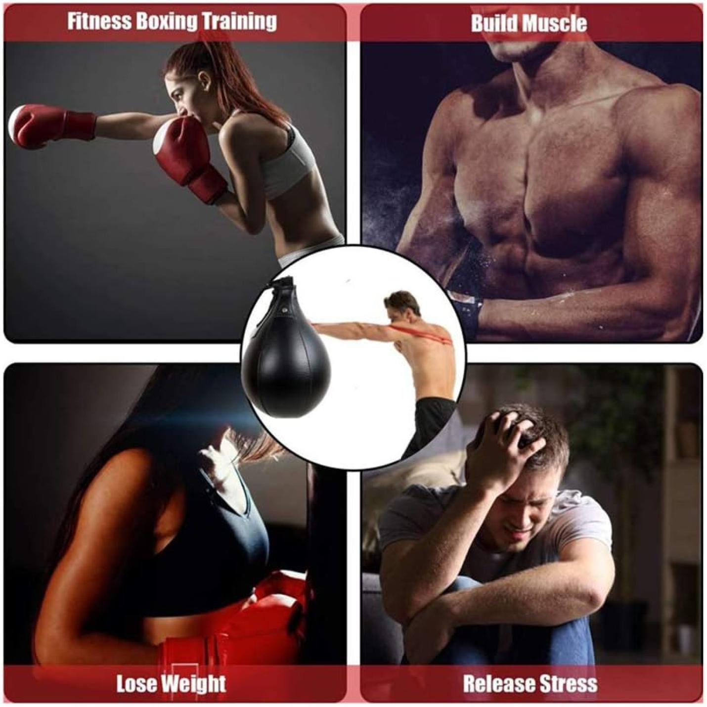 Een collage belicht fitnessboksen, spieropbouw, gewichtsverlies en stressverlichting, waarbij de persoon zijn reflexen aanscherpt met onze duurzame bokszak van PU-leer. Probeer onze "Verbeter je snelheid en precisie met deze peervormige speedbal!" 🥊🔥.