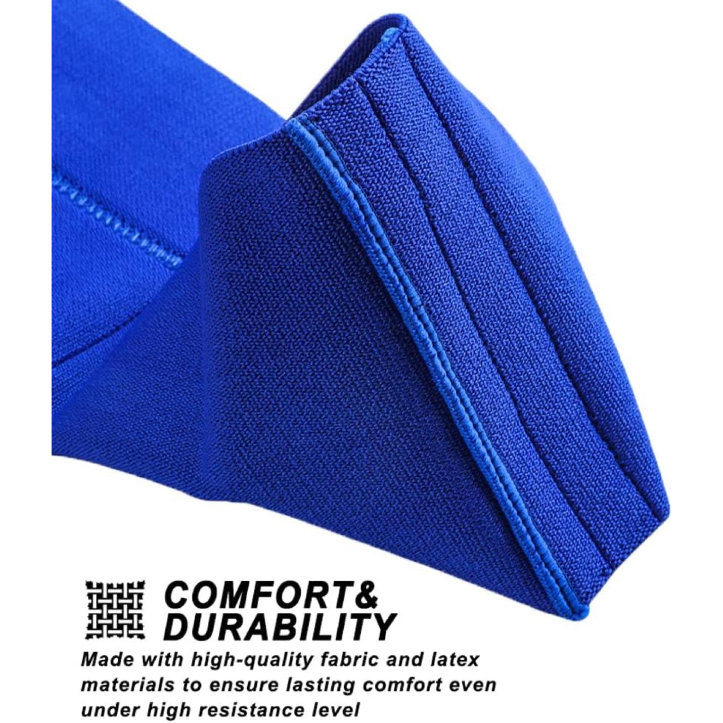 Close-up van een blauwe stoffen riem met stiksels, gelabeld "Comfort & Duurzaamheid", toont hoogwaardige stof en latex voor blijvend comfort bij aanzienlijke weerstand. Perfect voor krachttraining met progressieve weerstand met behulp van de ultieme bankdruk weerstandsband.