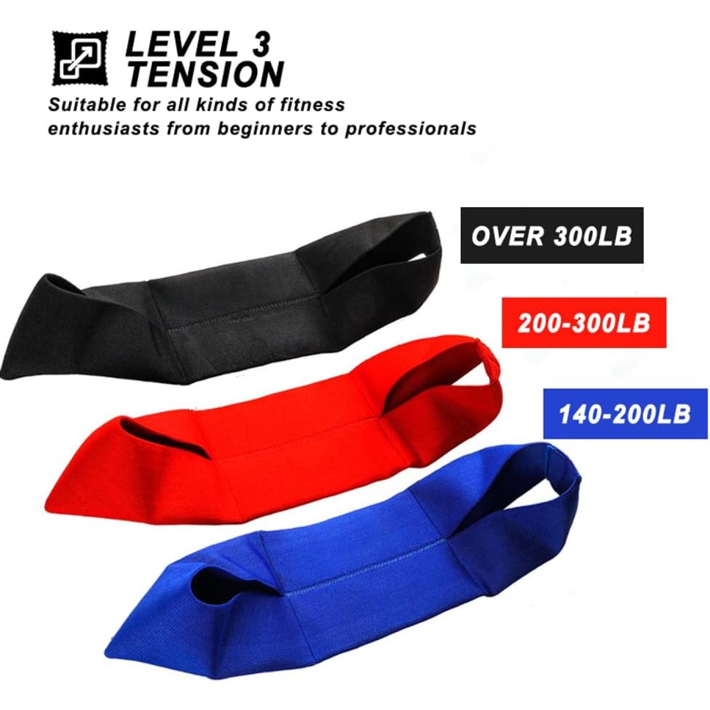Hier worden drie Versterk banden in het zwart, rood en blauw getoond voor krachttraining: zwart (meer dan 300 lb), rood (200-300 lb), blauw (140-200 lb). Perfect voor progressieve weerstand tijdens intensieve trainingen. 💪🔥.