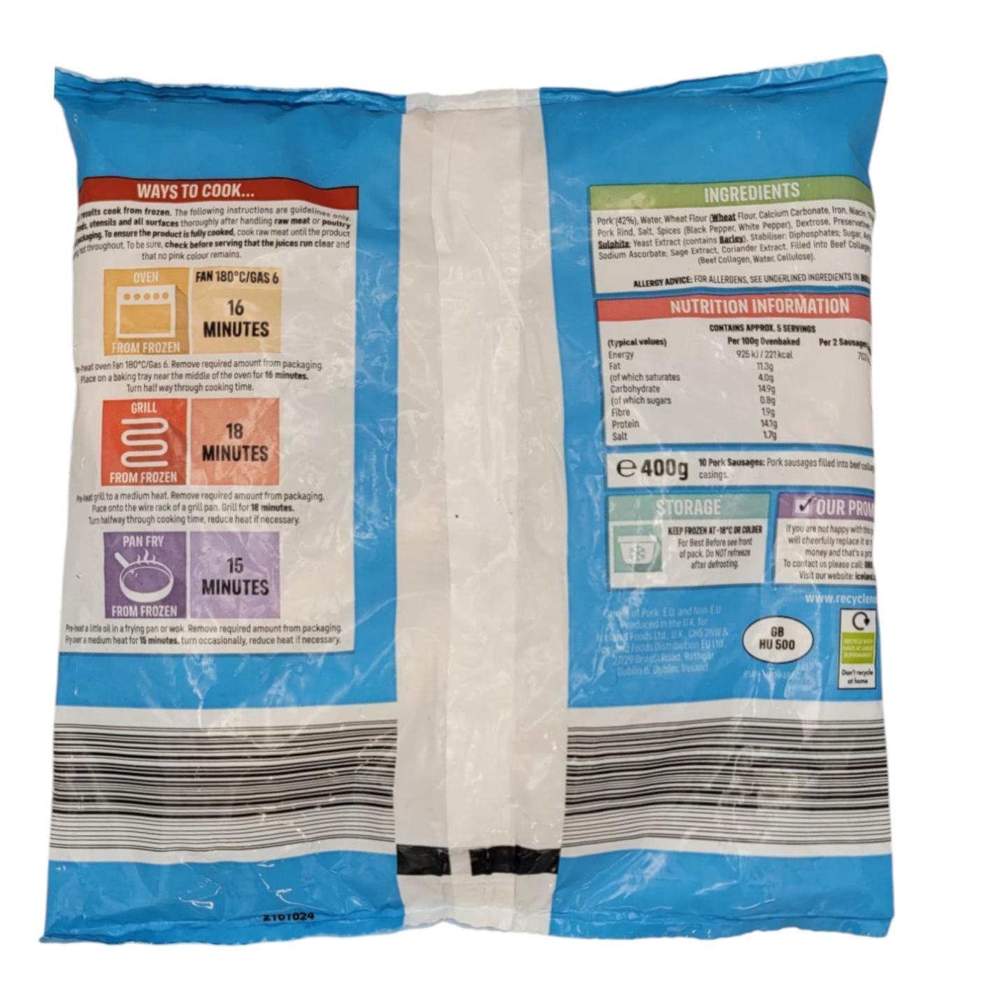 Iceland 10 Pork Sausages 400g ingredients