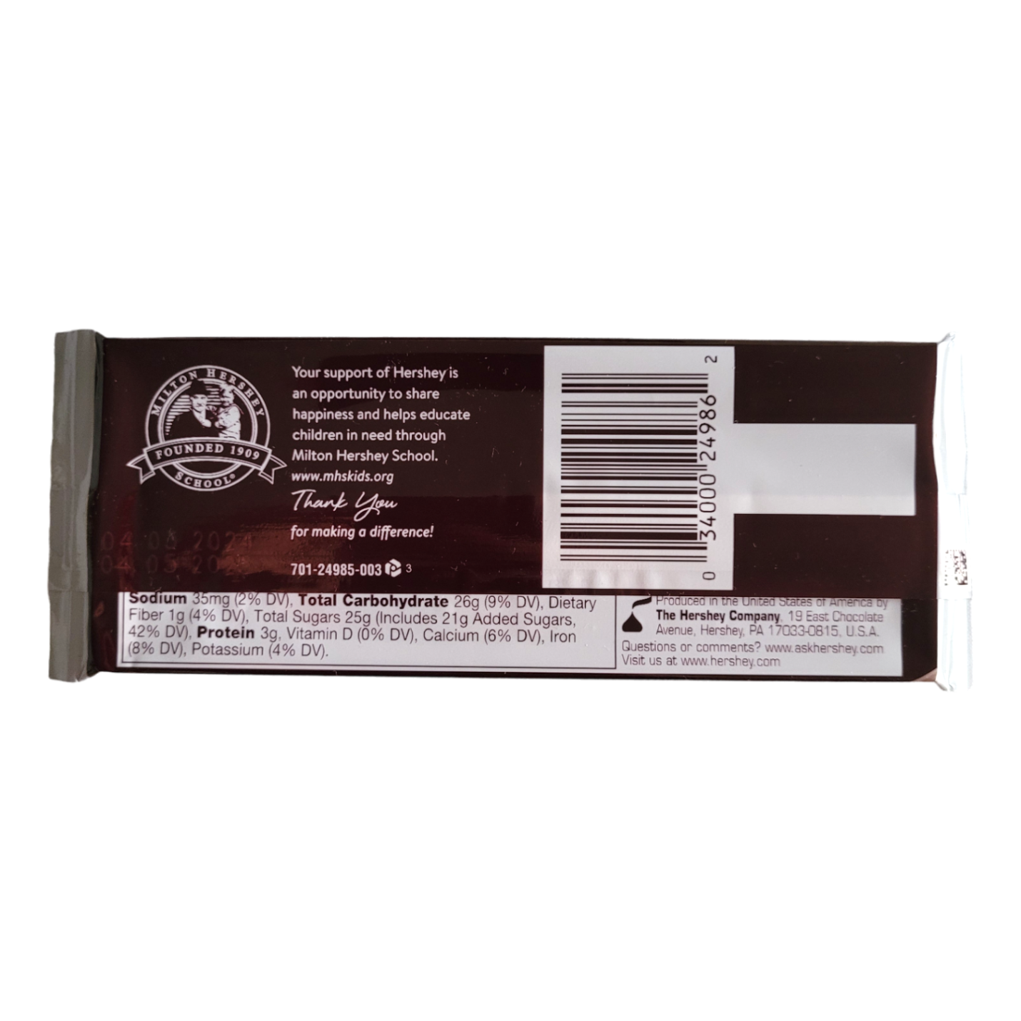 Hershey's Milk Chocolate Bar, 43g reverse