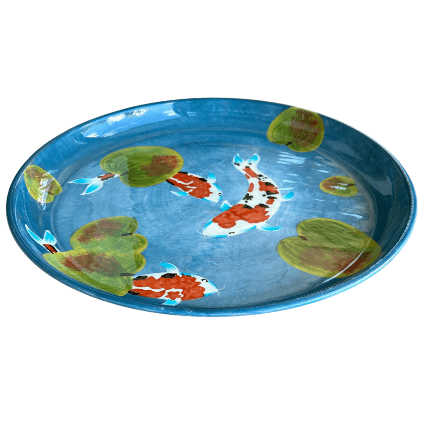 Rond Metaal Plateau - Ø41 cm – Blauw met Koi-Karpers & Waterlelies – Ook Ophangbaar; Afbeelding: 2