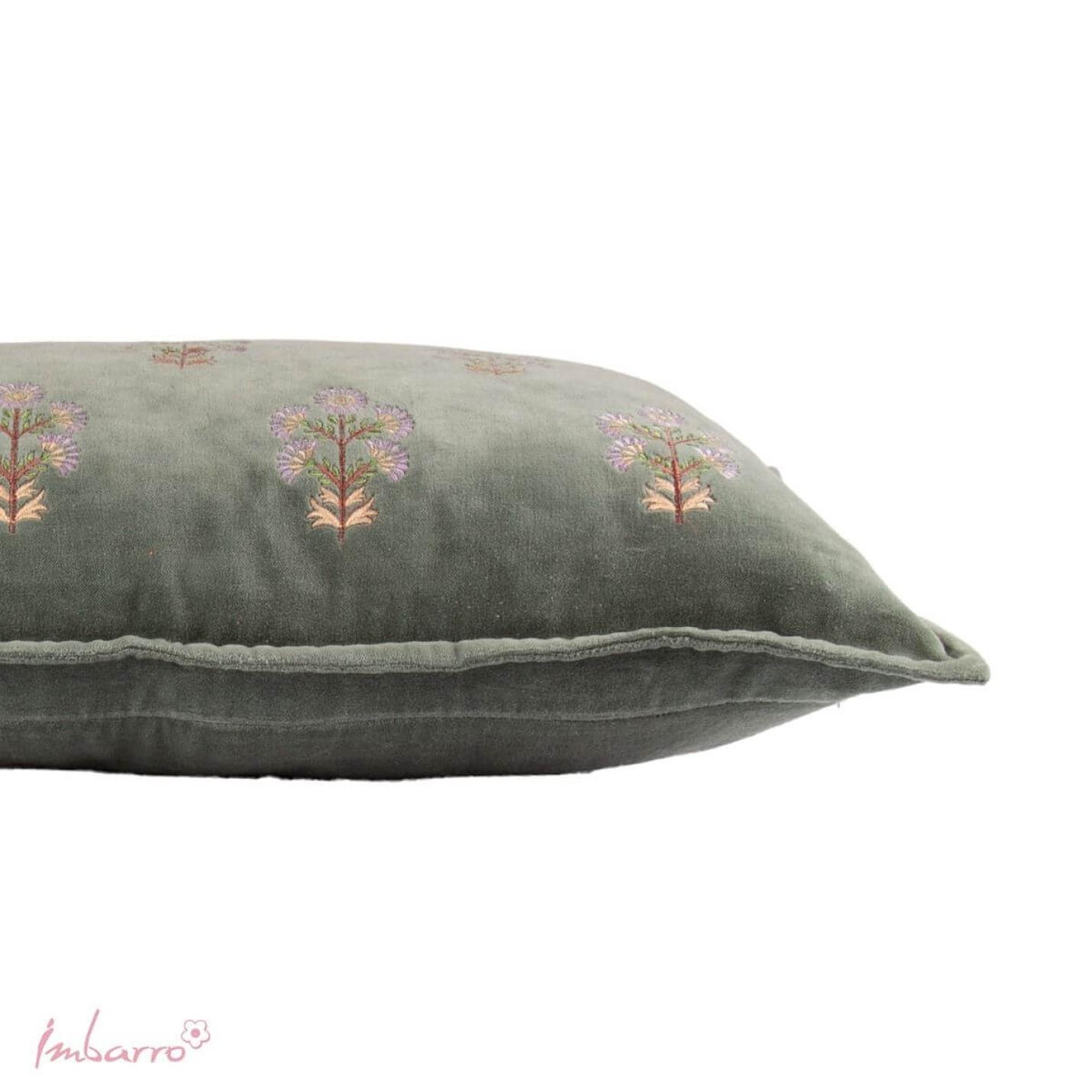 Sierkussen groen met paarse bloemen -velvet - 40cm x 60cm; Afbeelding: 2