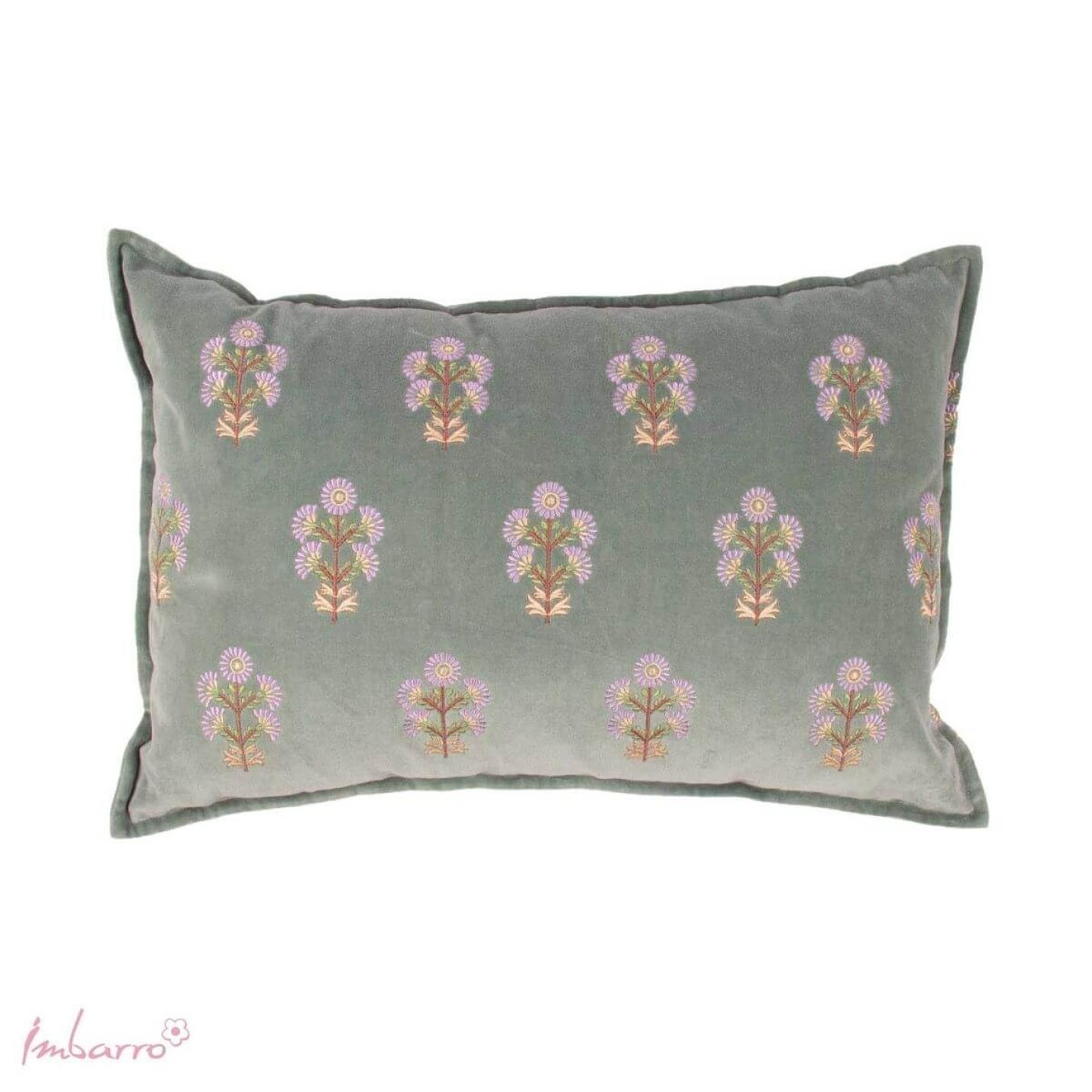 Sierkussen groen met paarse bloemen -velvet - 40cm x 60cm