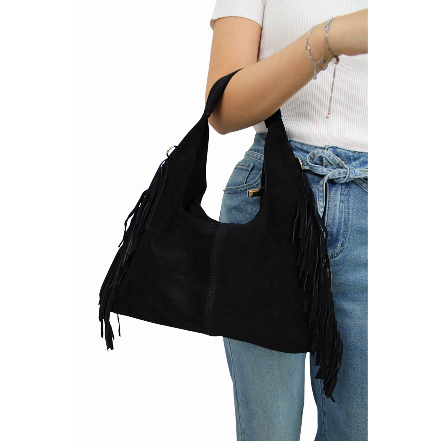 YARA LEATHER SUEDE FRANJE BAG | BLACK