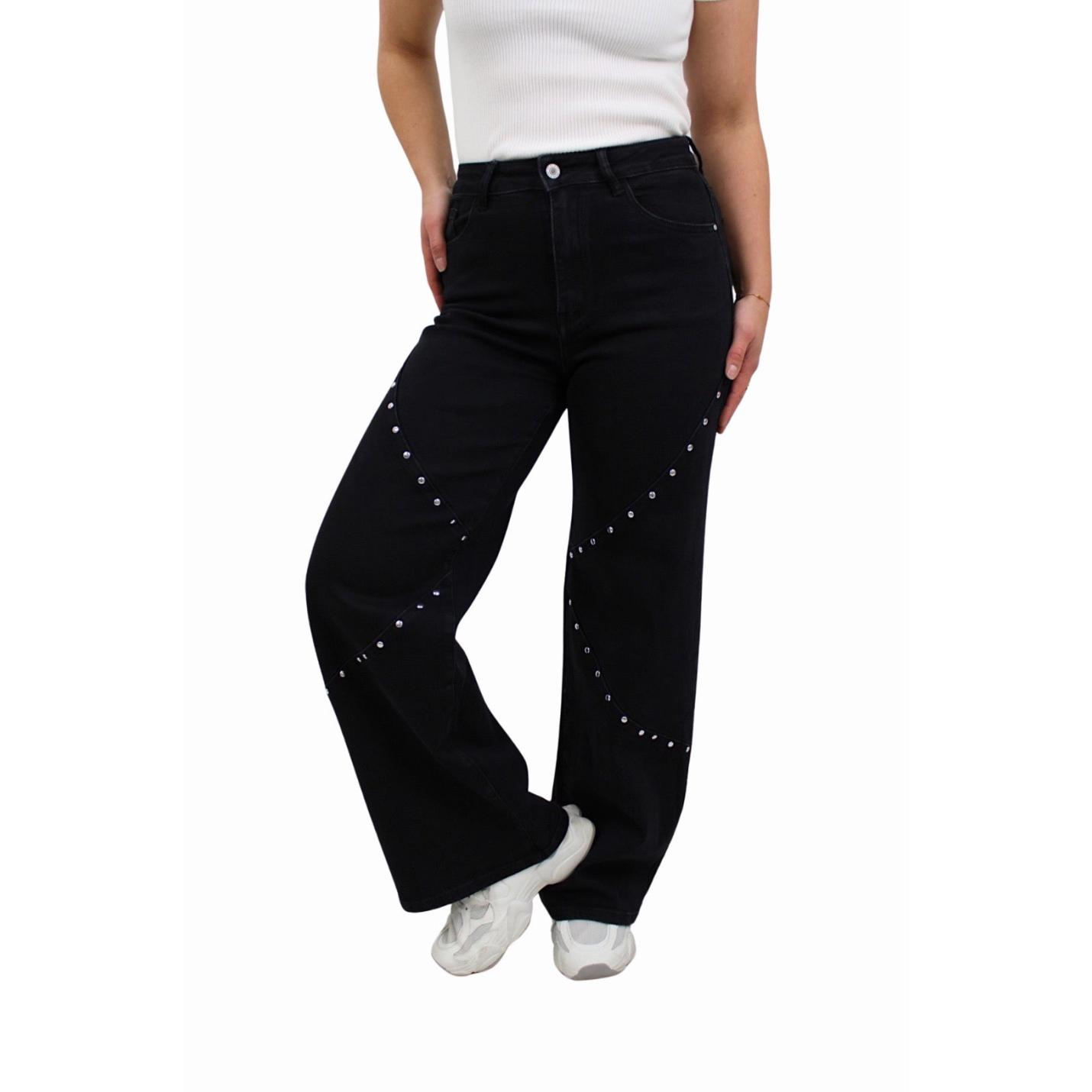 STUDS WIDE LEG JEANS ST6115-2 | BLACK - 36/S