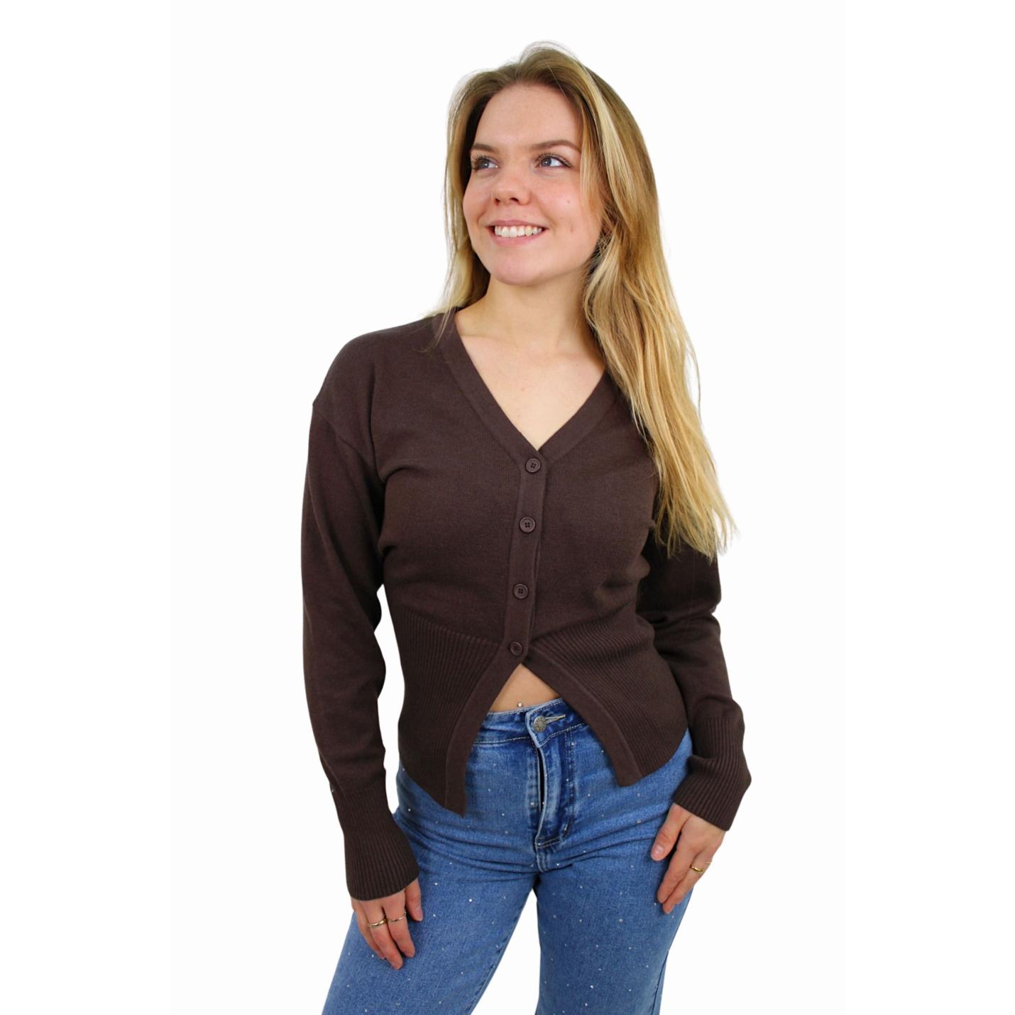 SOFT SPLIT CARDIGAN | BROWN - S/M; Afbeelding: 2