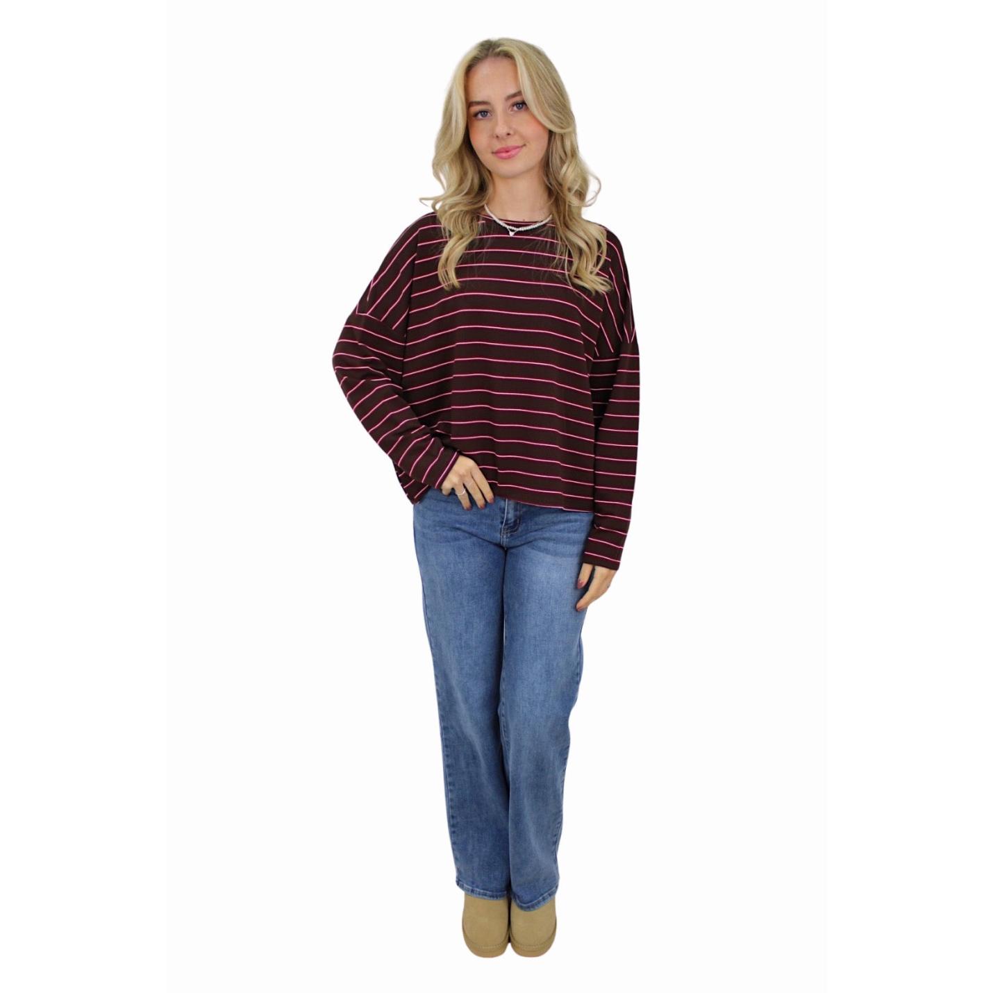 T-SHIRT LONG SLEEVE DOUBLE STRIPED | BORDEAUX/BROWN; Afbeelding: 2