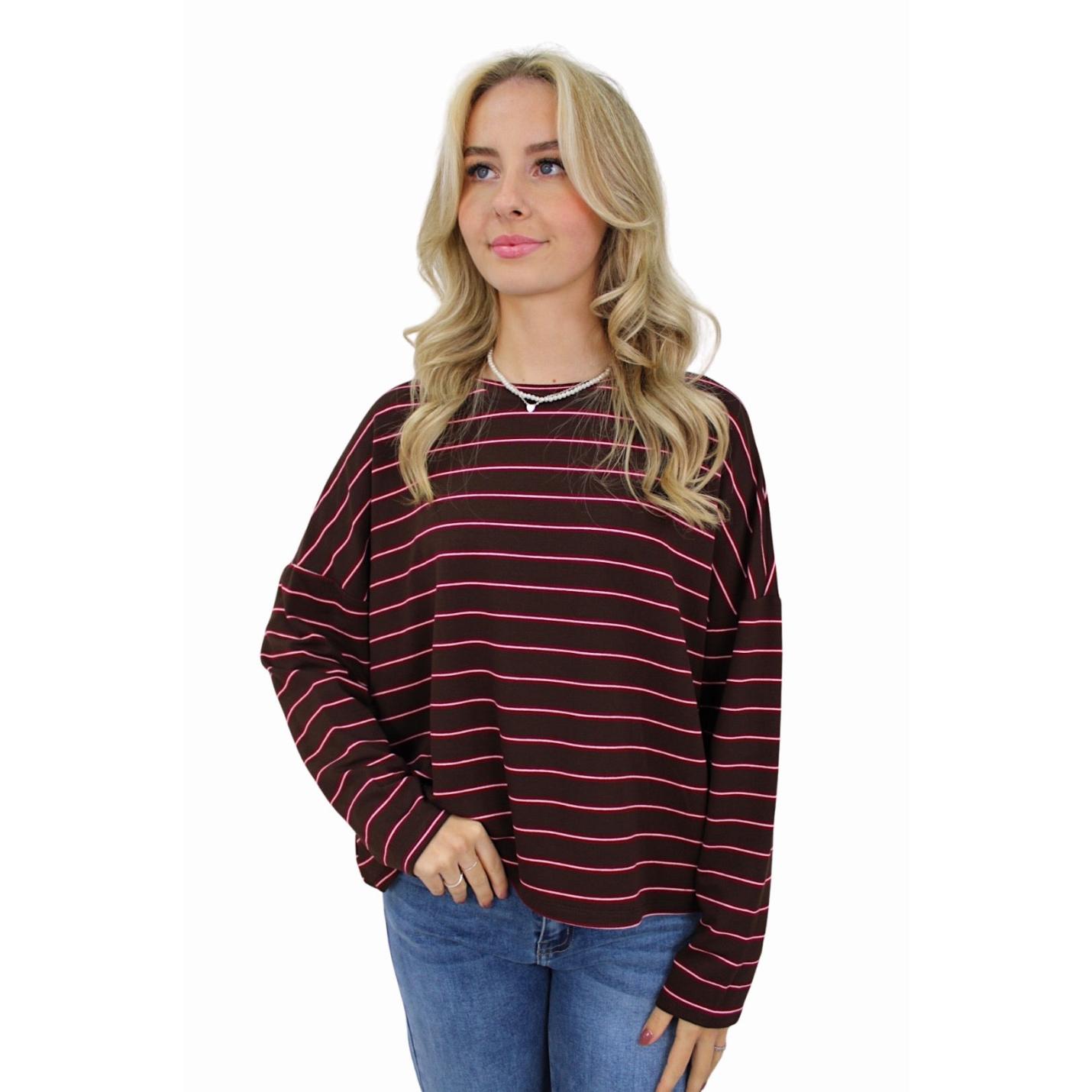 T-SHIRT LONG SLEEVE DOUBLE STRIPED | BORDEAUX/BROWN; Afbeelding: 3