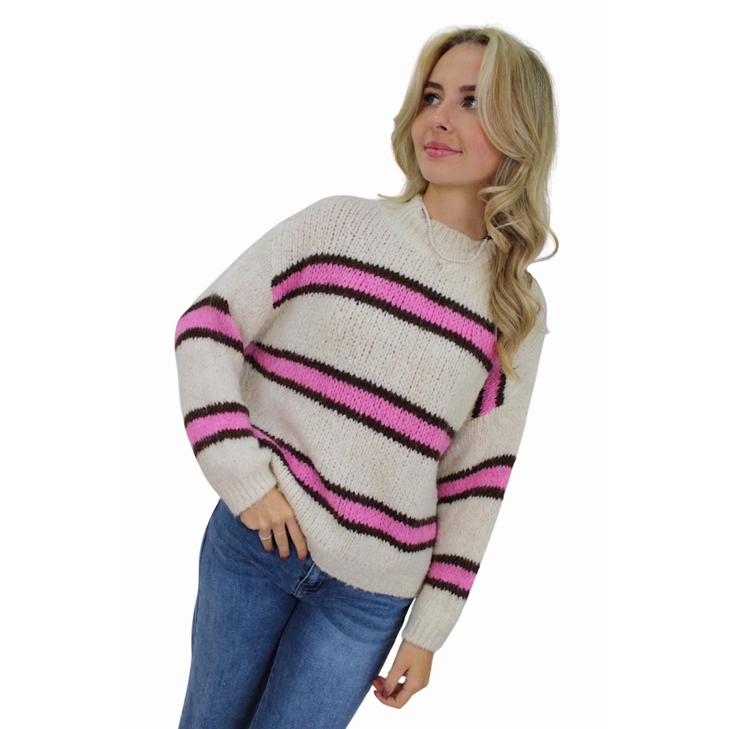 IVY DOUBLE STRIPED COMFY KNIT | VANILLA/HOTPINK; Afbeelding: 3