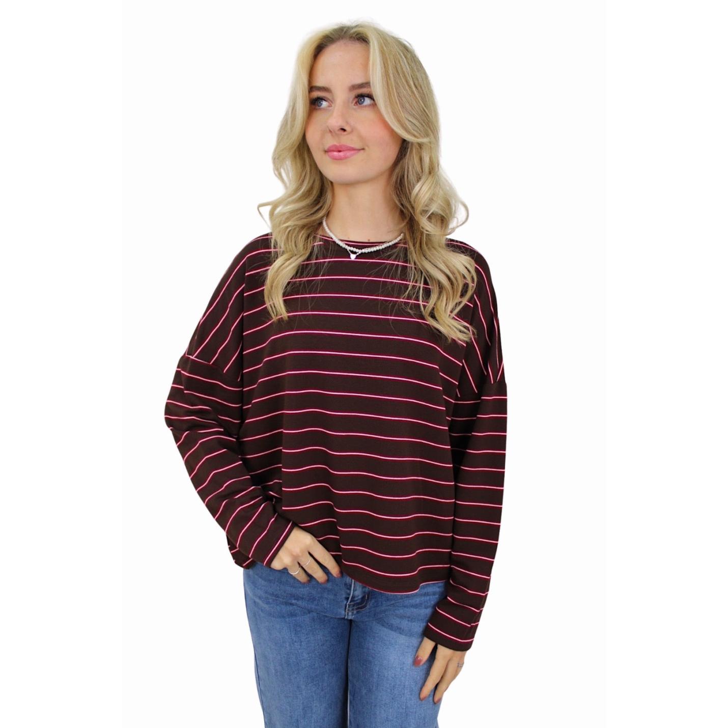 T-SHIRT LONG SLEEVE DOUBLE STRIPED | BORDEAUX/BROWN